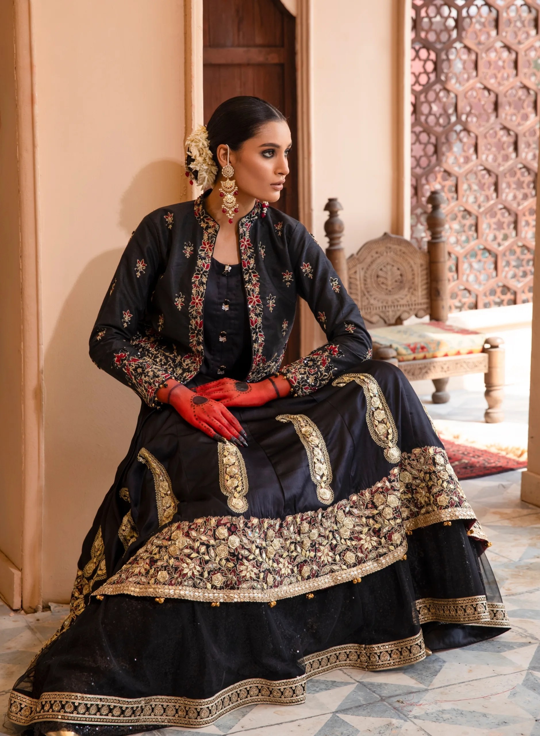 Pakistani Black Embroidered Silk & Net Frock (2-Piece) - Image 1