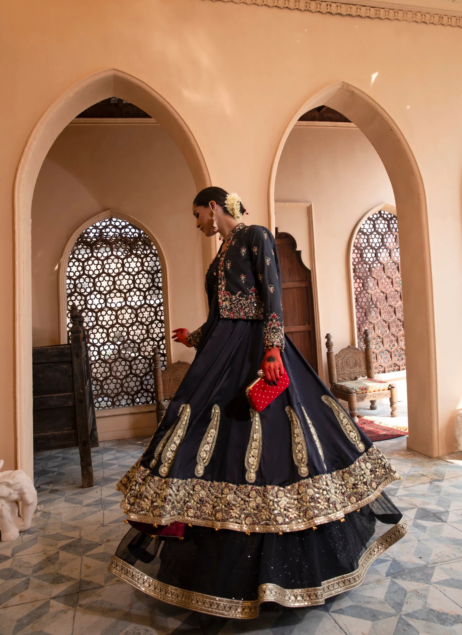 Pakistani Black Embroidered Silk & Net Frock (2-Piece) - Image 2