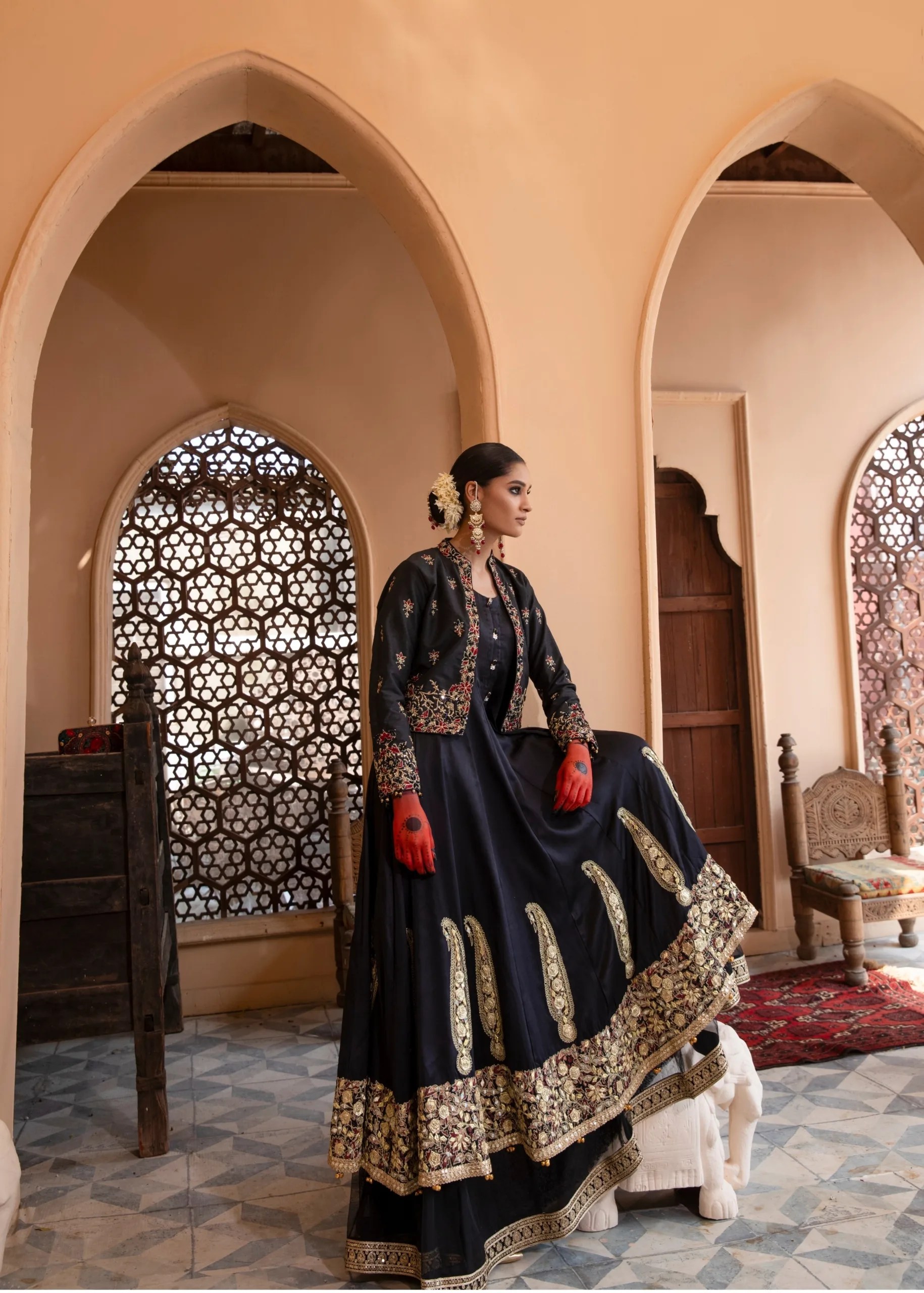 Pakistani Black Embroidered Silk & Net Frock (2-Piece) - Image 4