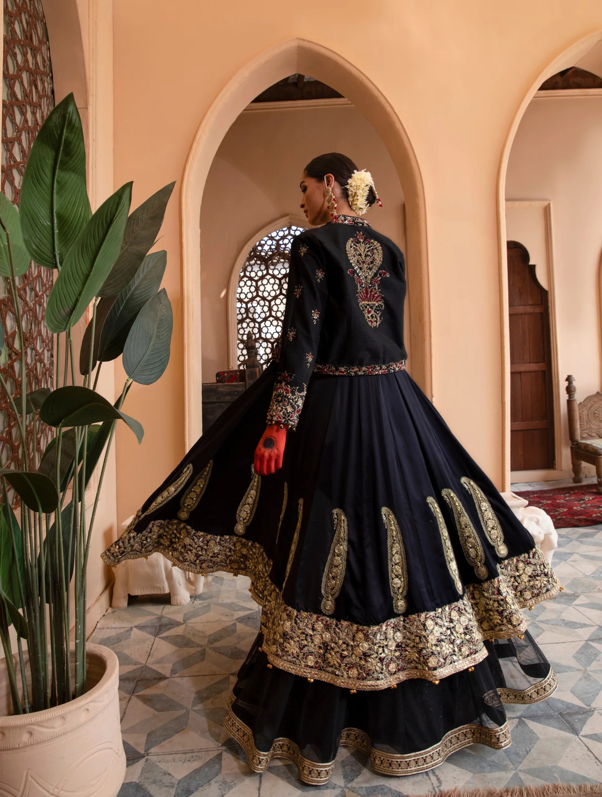 Pakistani Black Embroidered Silk & Net Frock (2-Piece) - Image 5