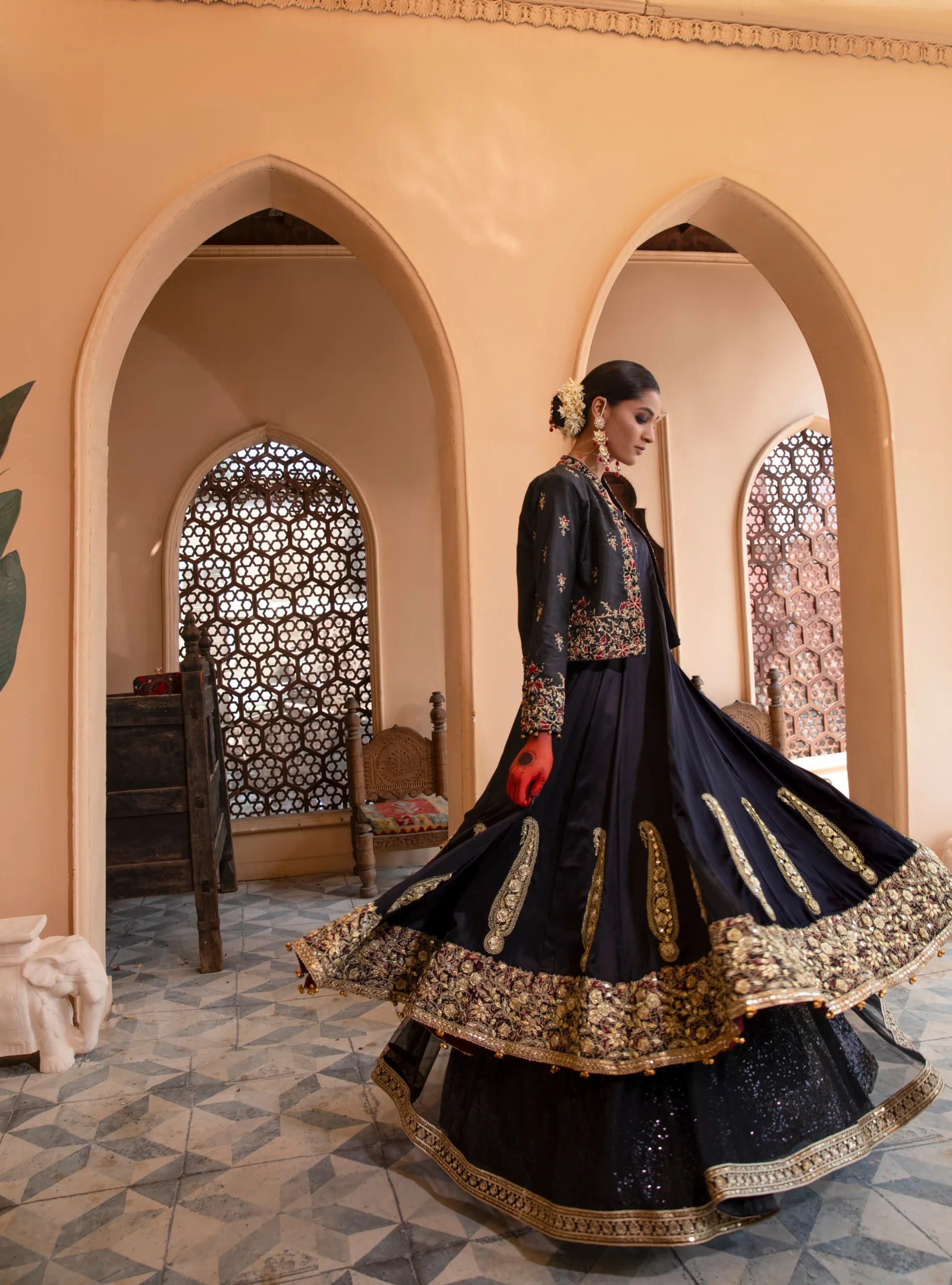 Pakistani Black Embroidered Silk & Net Frock (2-Piece) - Image 6