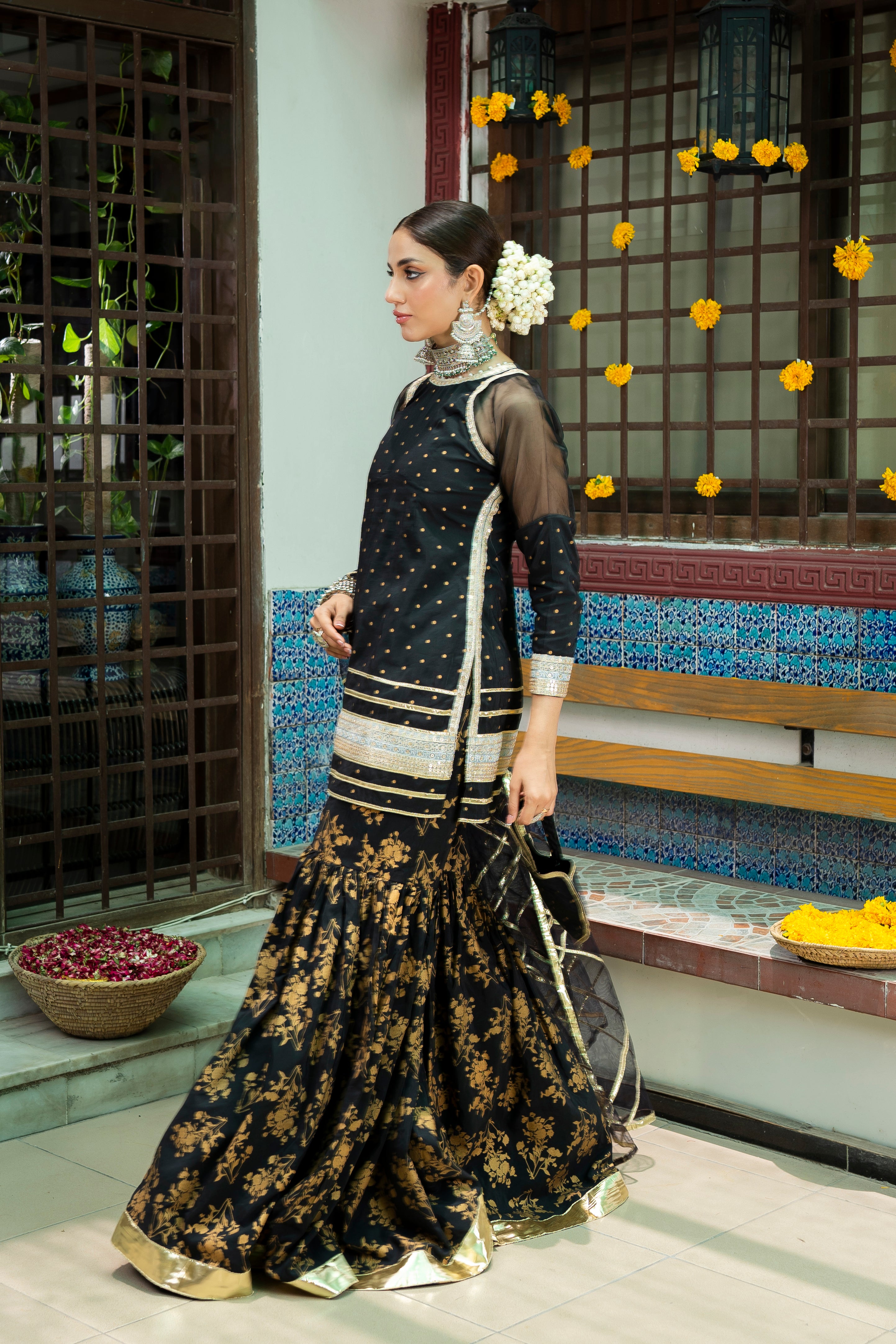 Black Embroidered Banarsi Cotton Silk Gharara (3-Piece) - Image 1