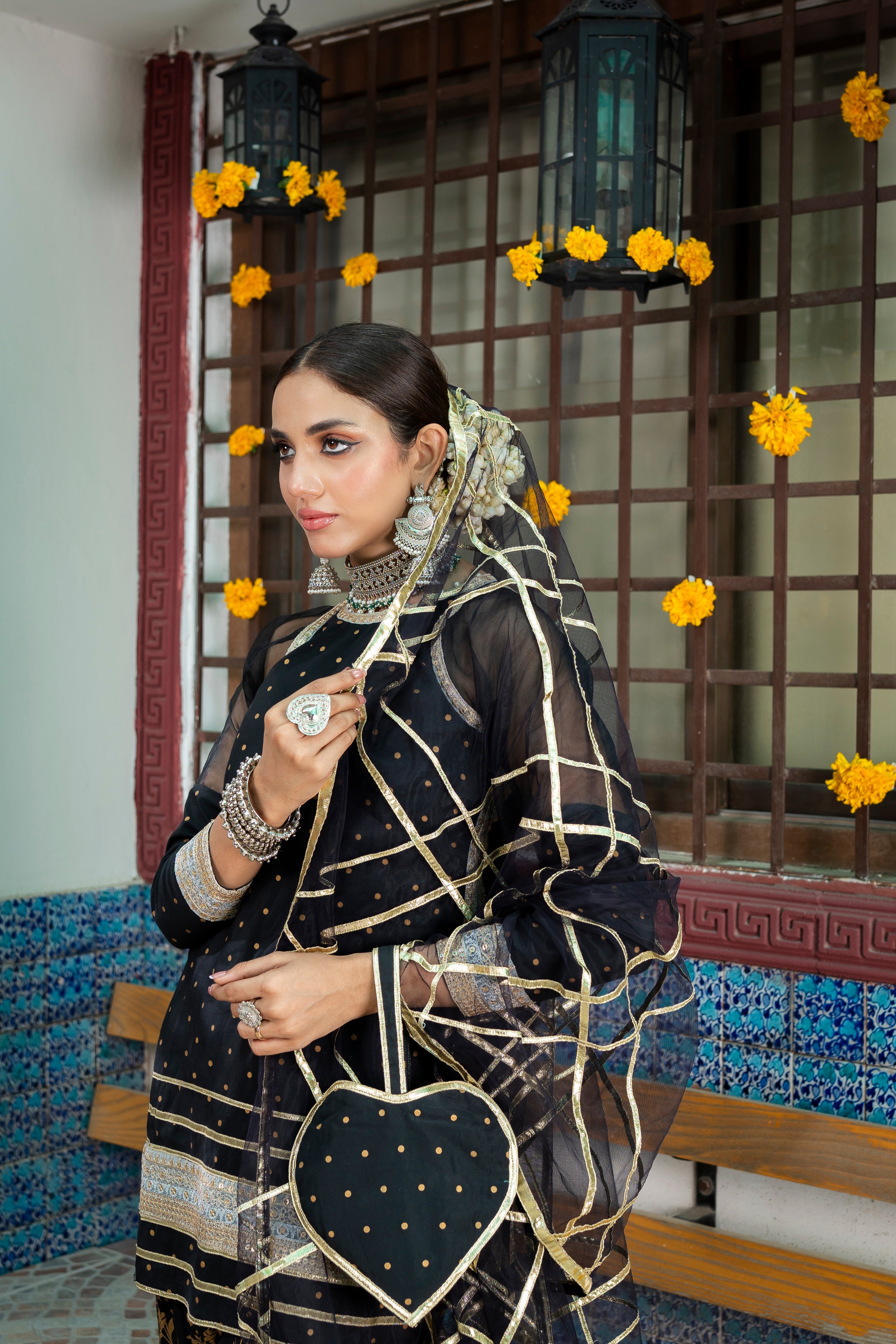 Black Embroidered Banarsi Cotton Silk Gharara (3-Piece) - Image 2