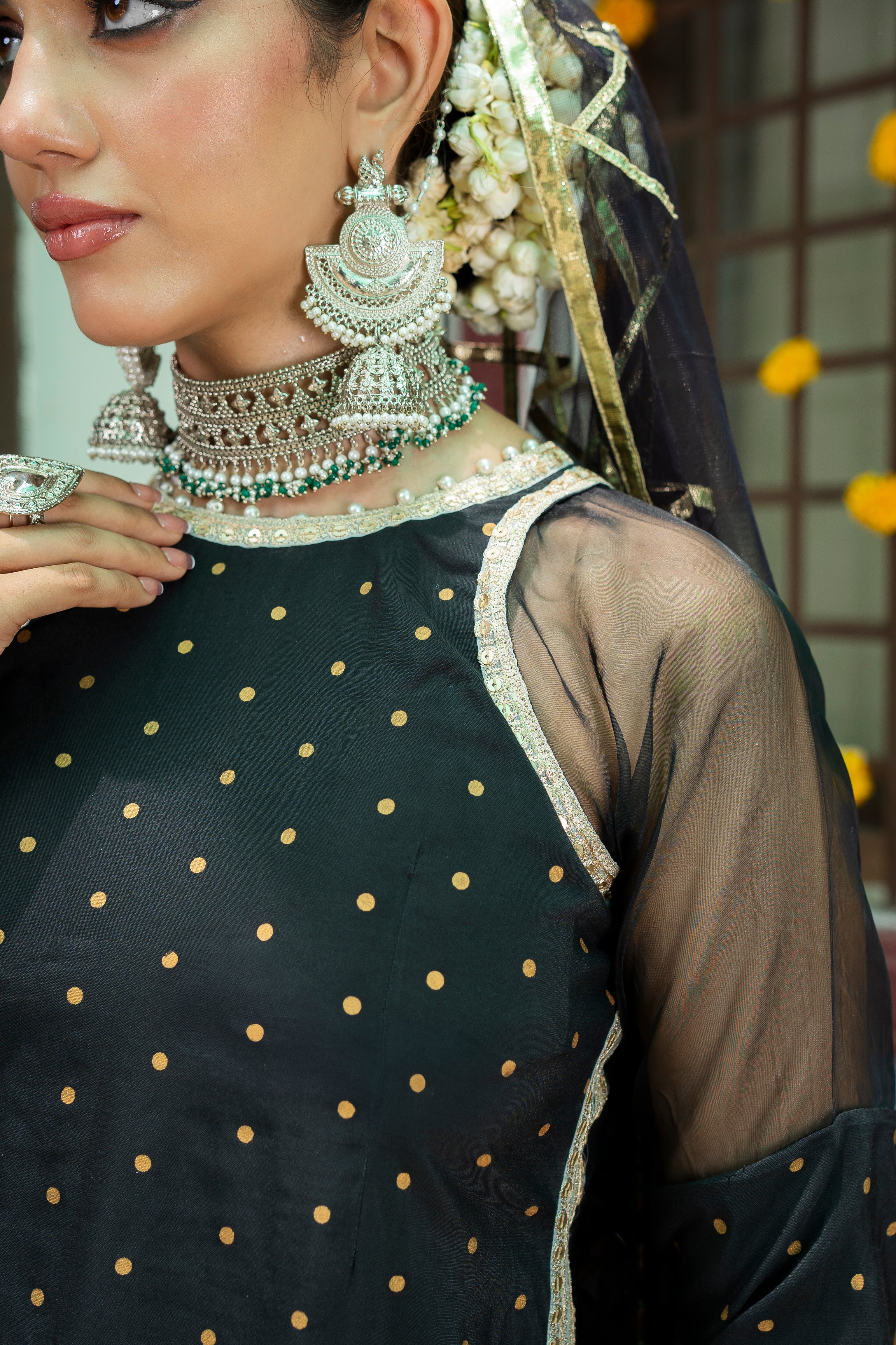 Black Embroidered Banarsi Cotton Silk Gharara (3-Piece) - Image 3