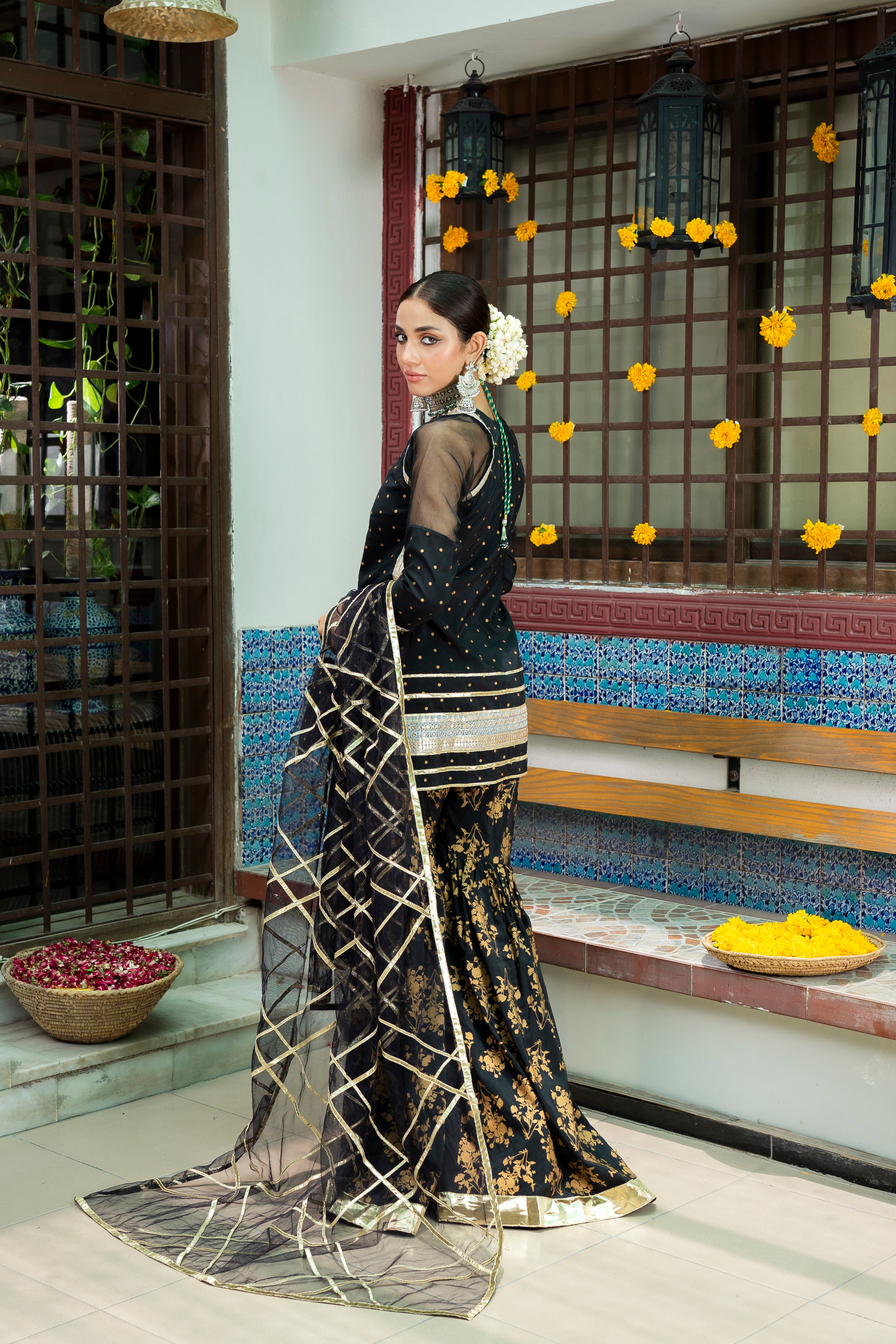 Black Embroidered Banarsi Cotton Silk Gharara (3-Piece) - Image 4