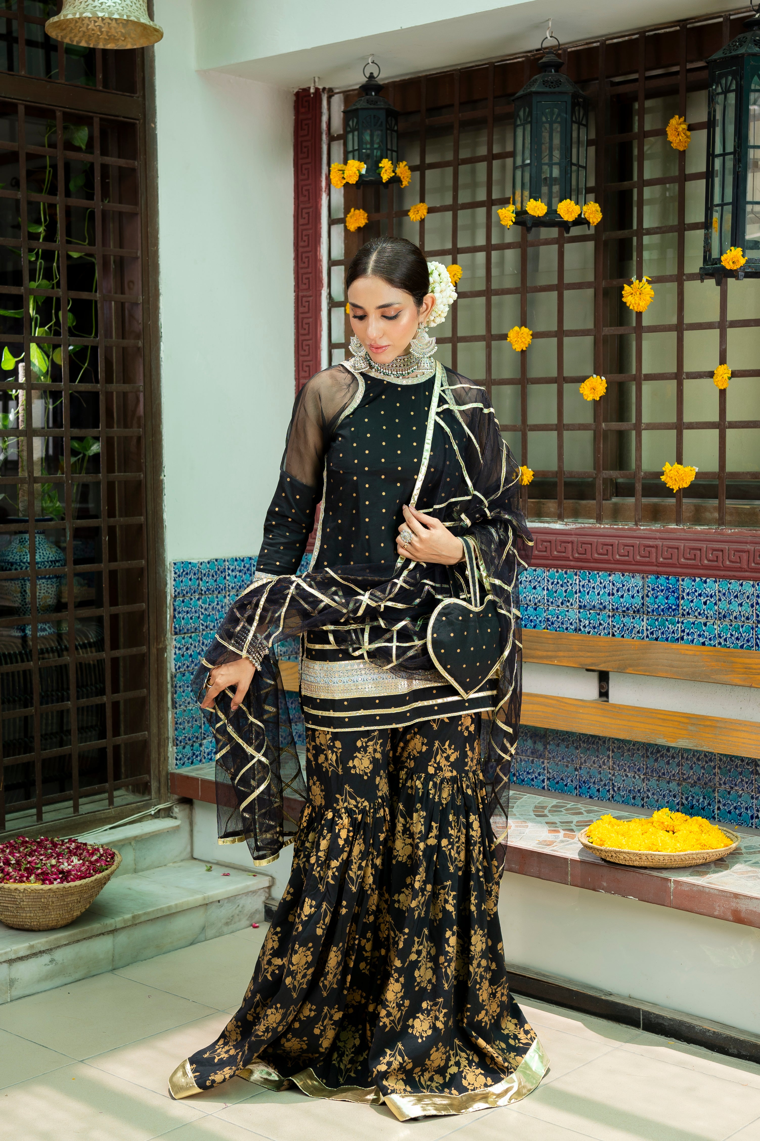 Black Embroidered Banarsi Cotton Silk Gharara (3-Piece) - Image 5