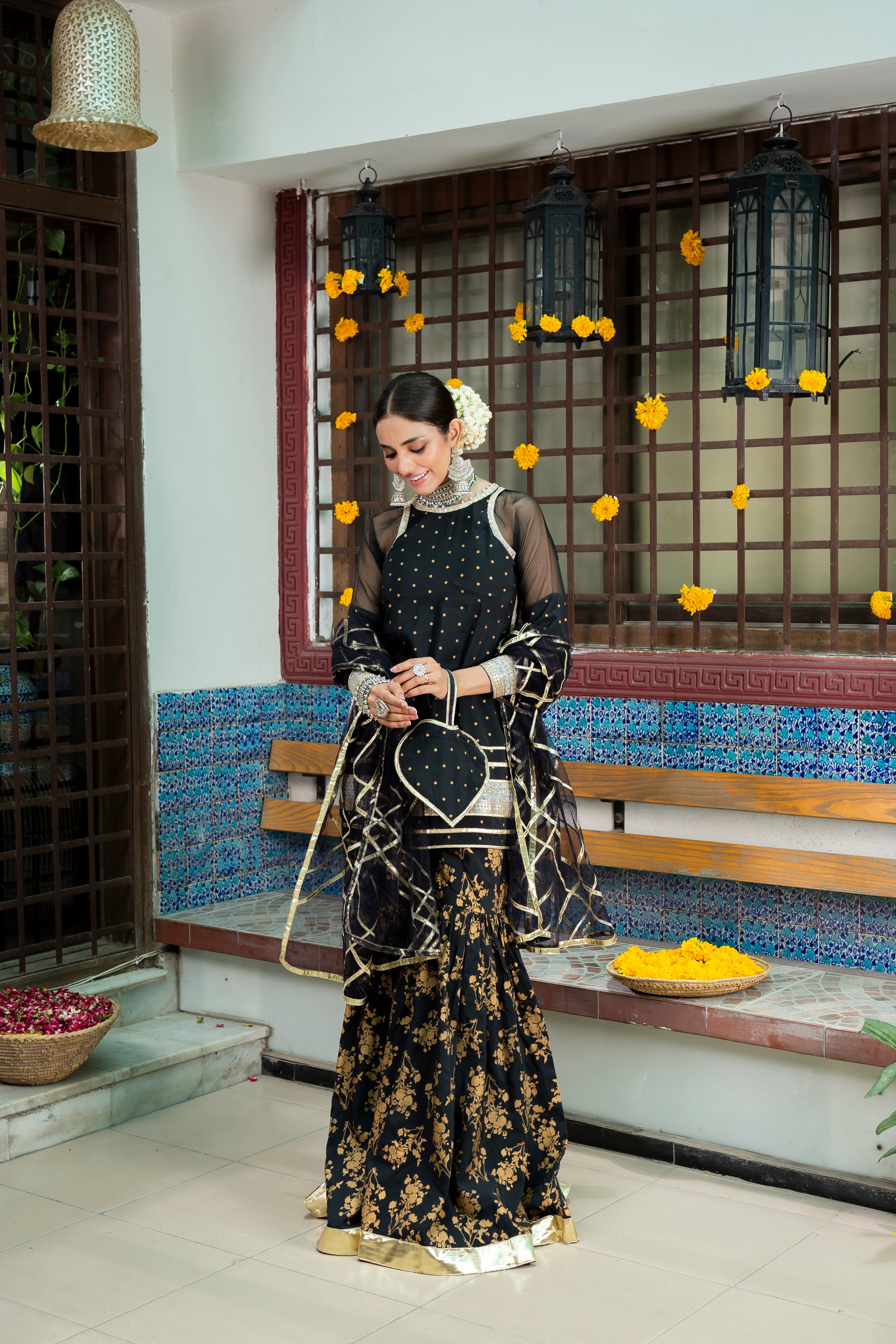 Black Embroidered Banarsi Cotton Silk Gharara (3-Piece) - Image 6