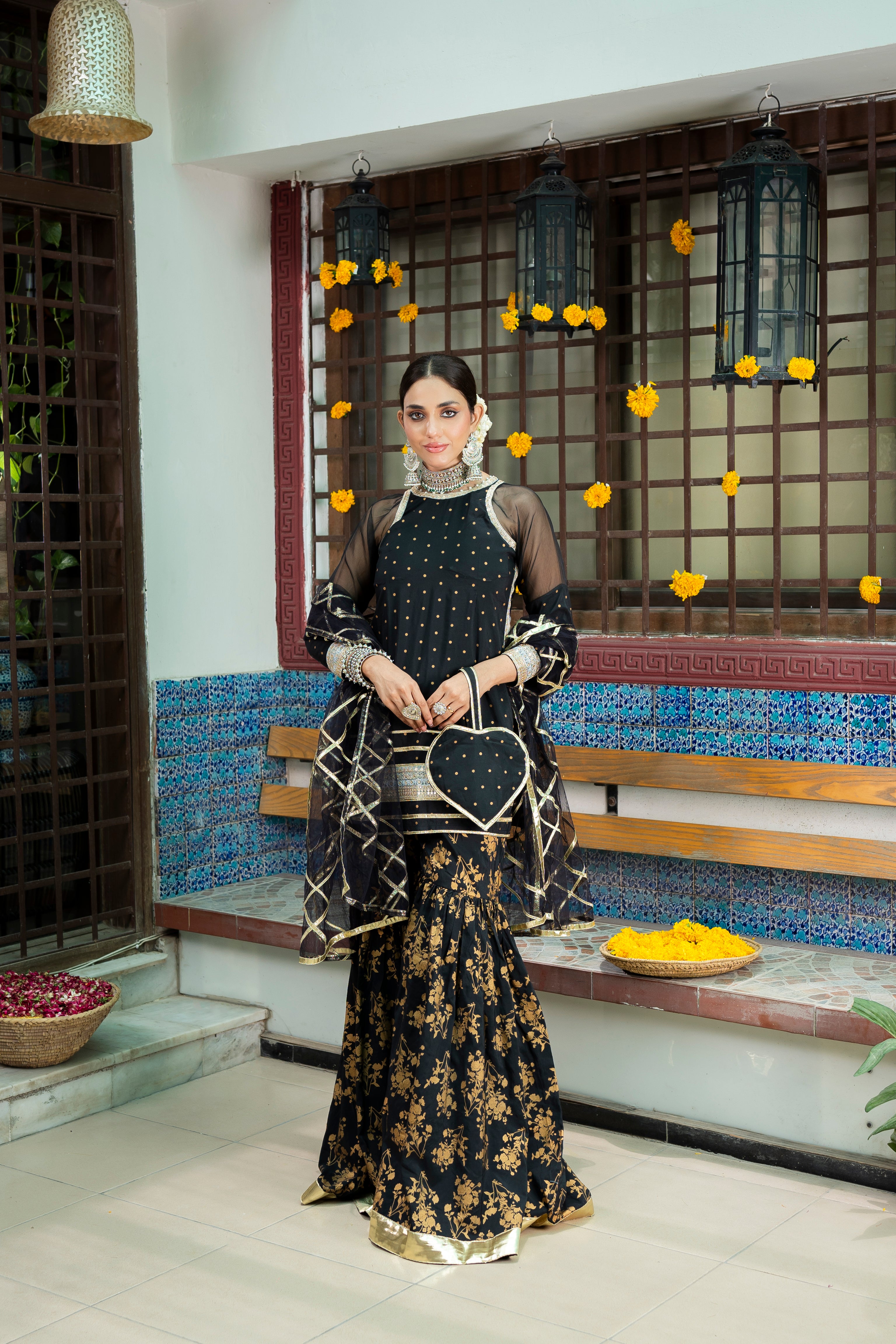 Black Embroidered Banarsi Cotton Silk Gharara (3-Piece) - Image 7