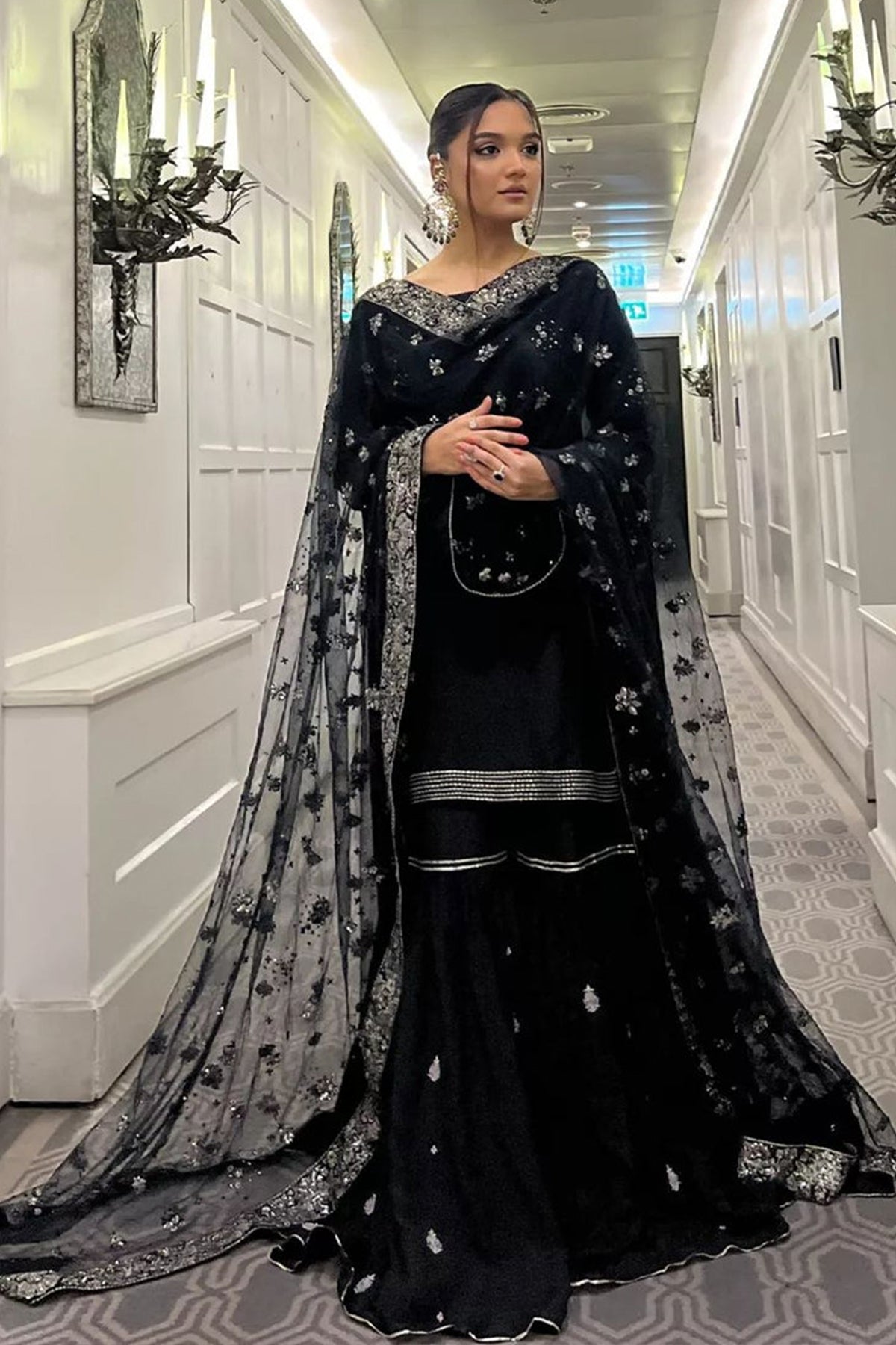 Black Hand-Embroidered Crepe Gharara (3-Piece) - Image 1