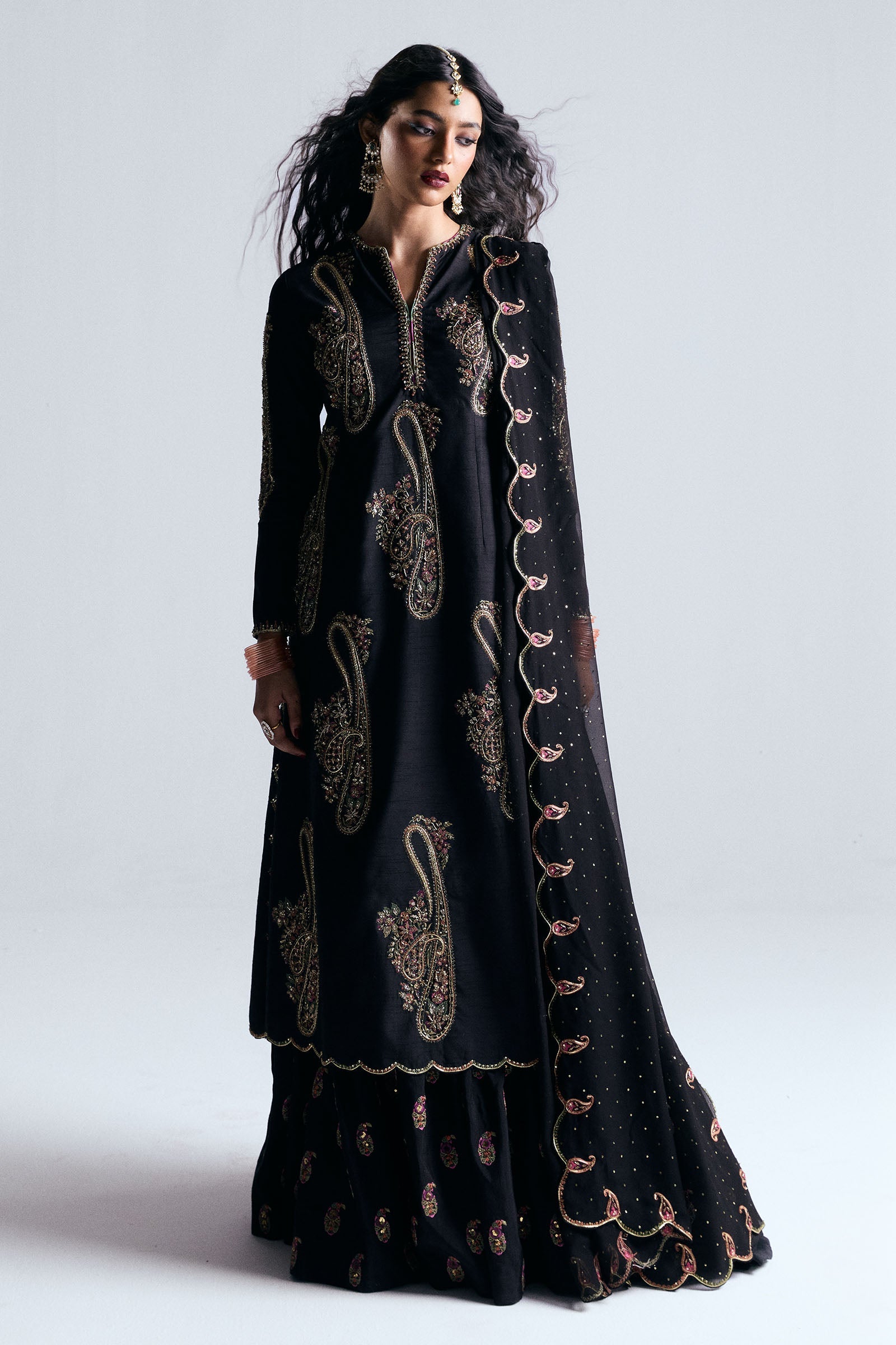 Pakistani Black Embroidered Korean Raw Silk Gharara (3-Piece) - Image 1