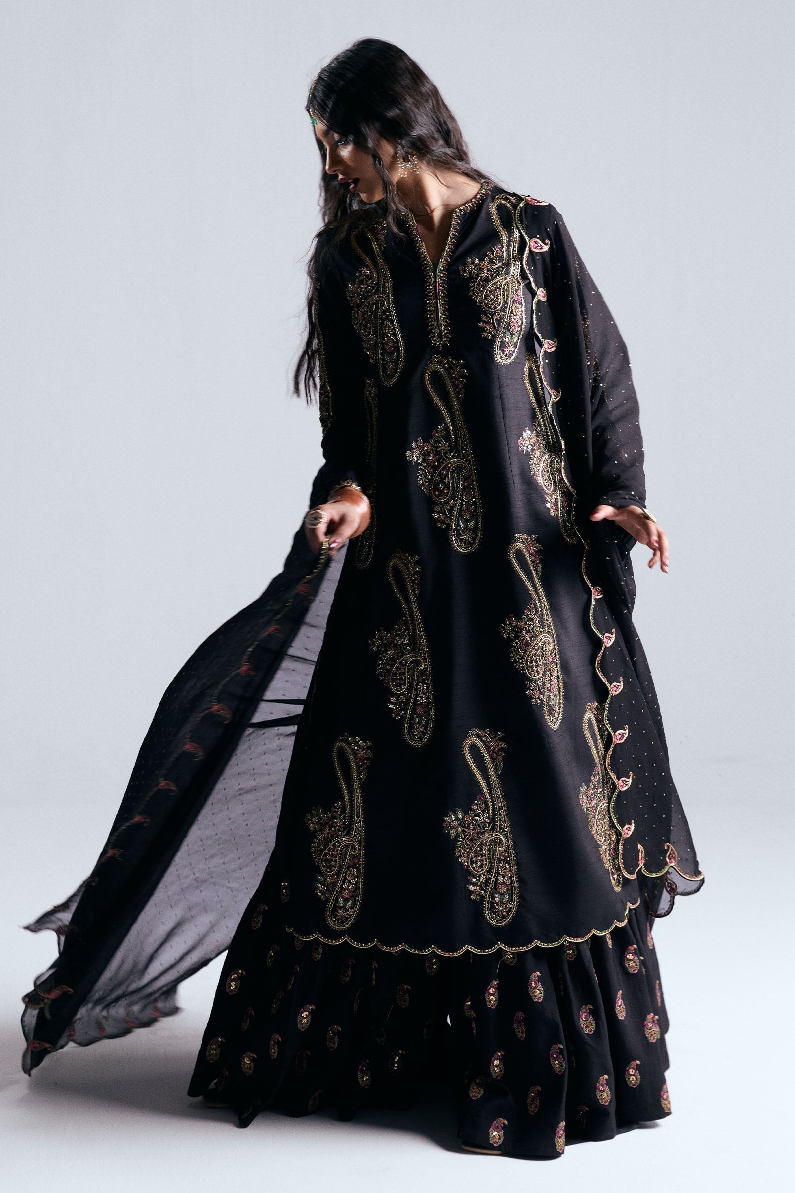 Pakistani Black Embroidered Korean Raw Silk Gharara (3-Piece) - Image 3