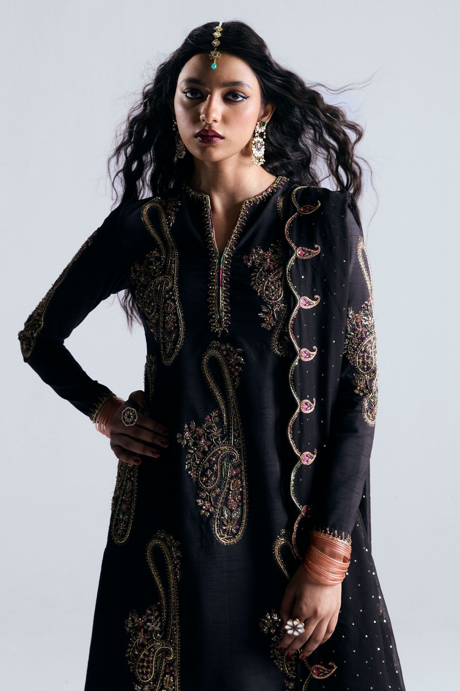 Pakistani Black Embroidered Korean Raw Silk Gharara (3-Piece) - Image 4