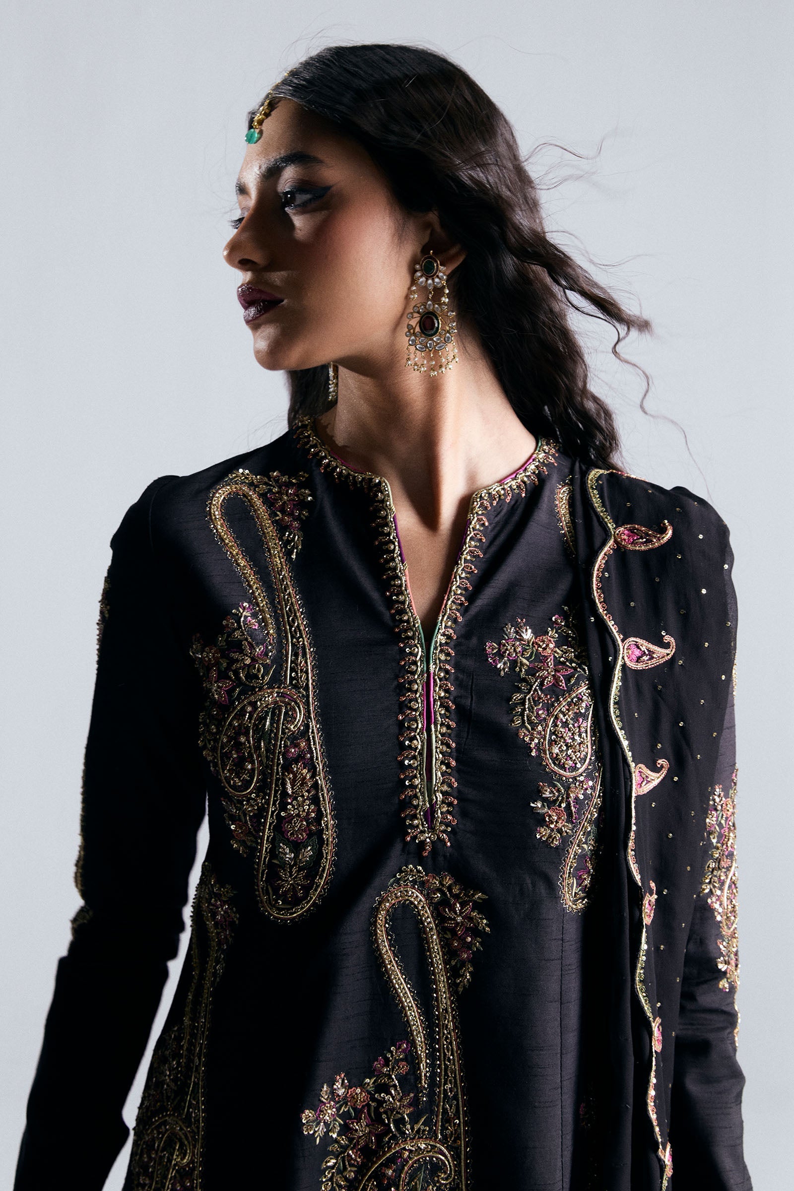 Pakistani Black Embroidered Korean Raw Silk Gharara (3-Piece) - Image 5