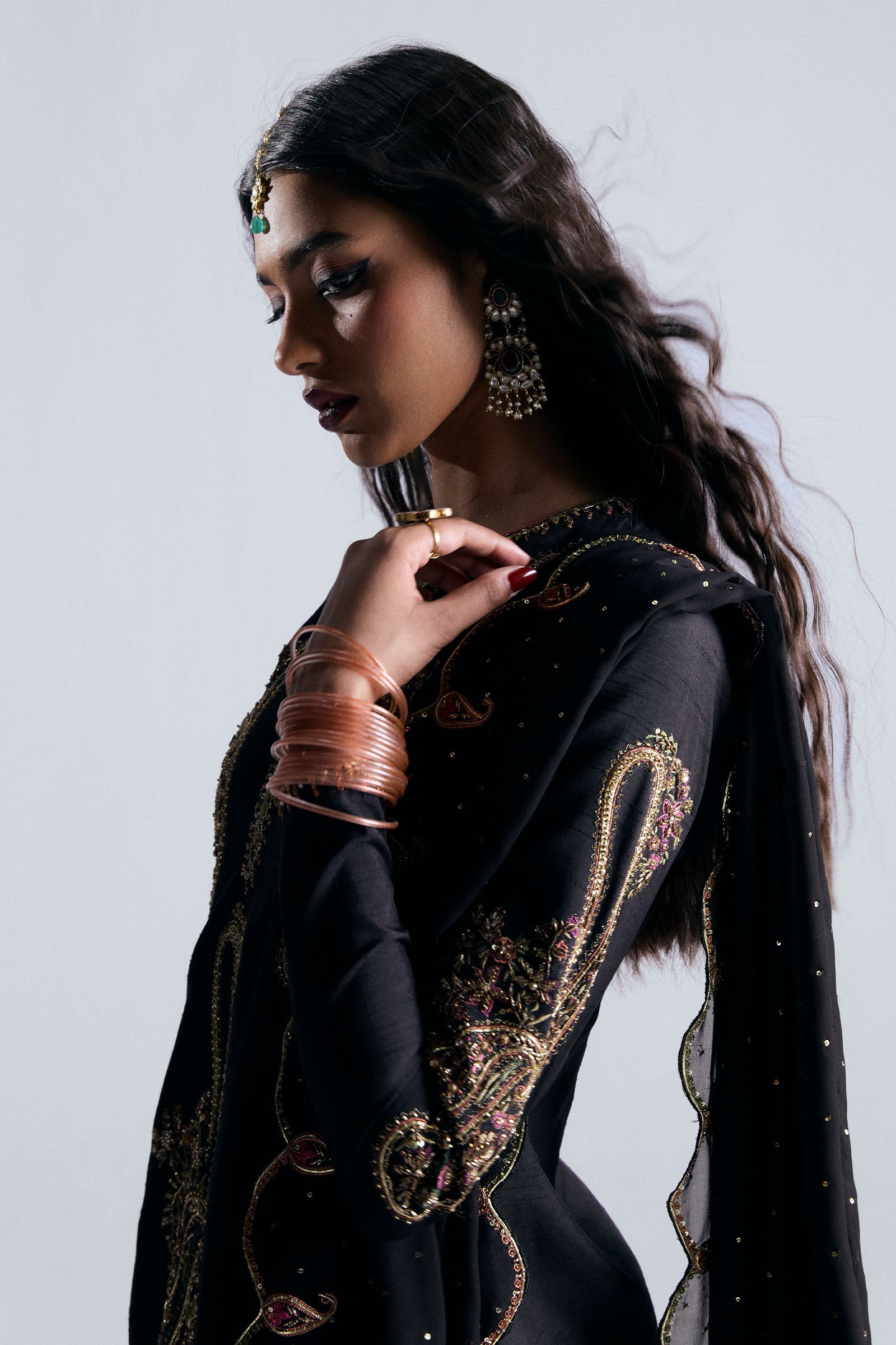 Pakistani Black Embroidered Korean Raw Silk Gharara (3-Piece) - Image 6