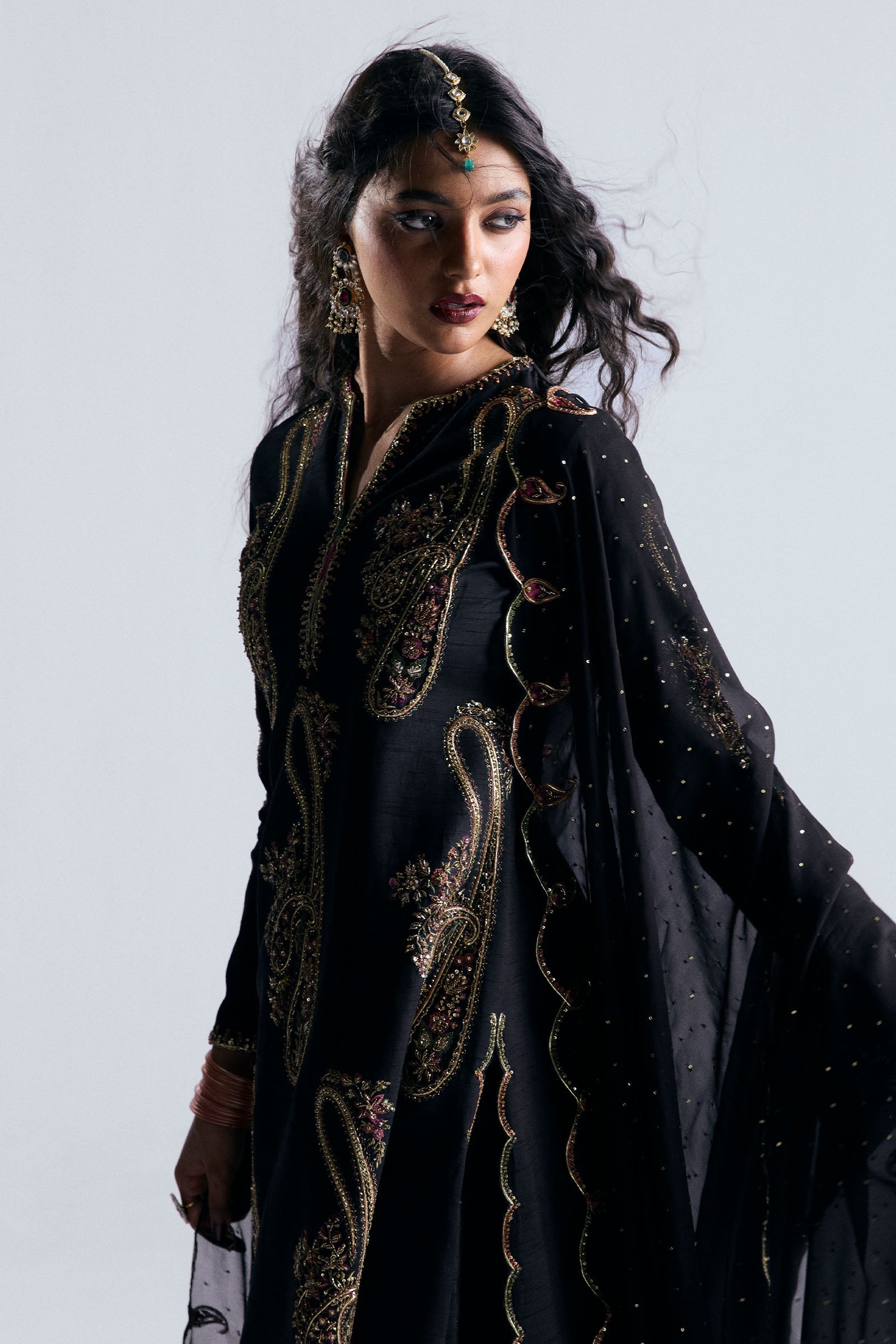 Pakistani Black Embroidered Korean Raw Silk Gharara (3-Piece) - Image 7