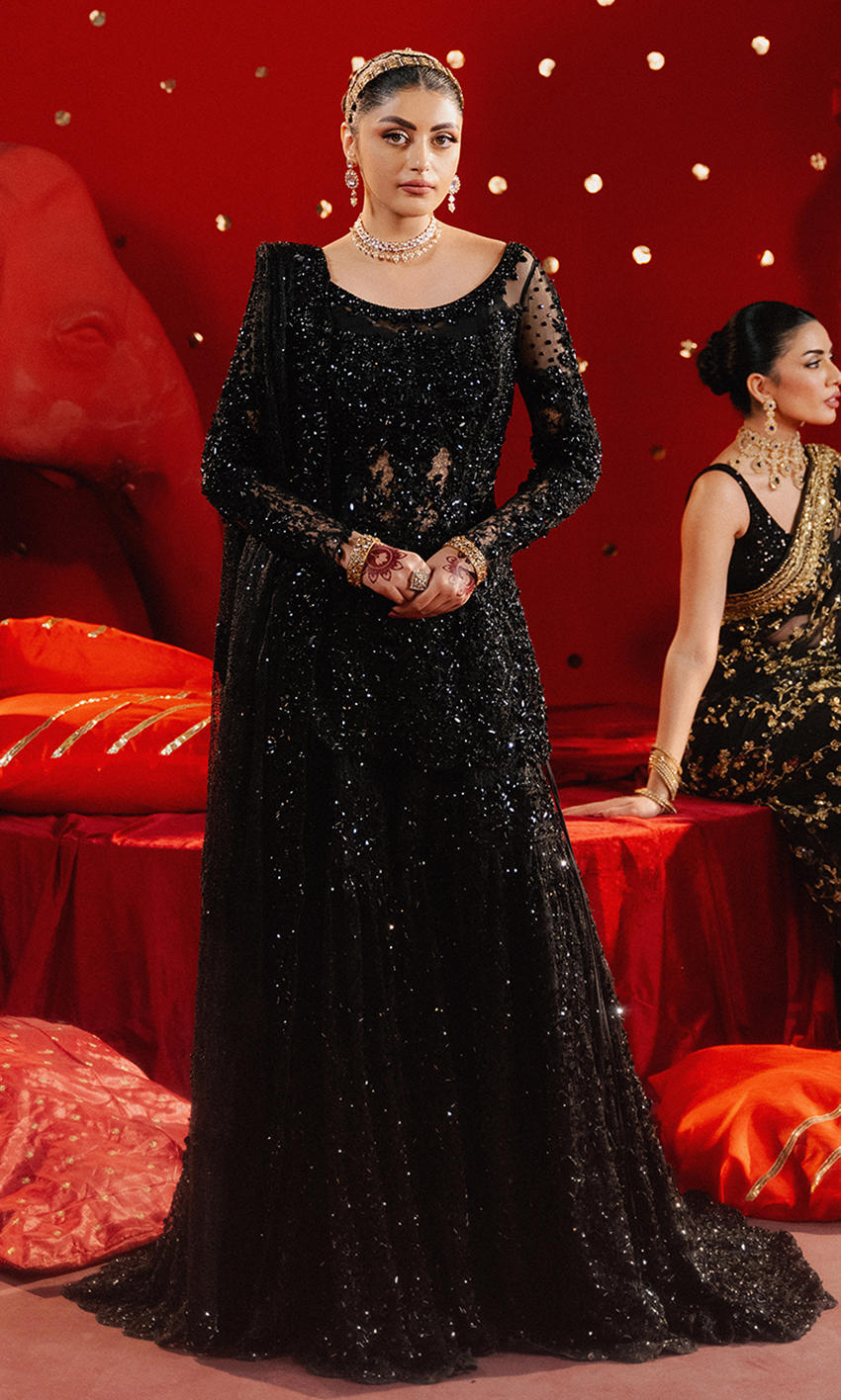 Pakistani Black Crystal Embellished Lace Farshi Gharara (3-Piece) - Image 1