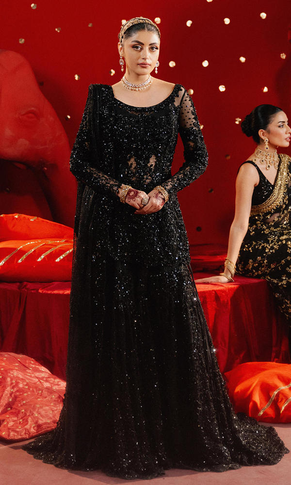Pakistani Black Crystal Embellished Lace Farshi Gharara (3-Piece) - Image 2