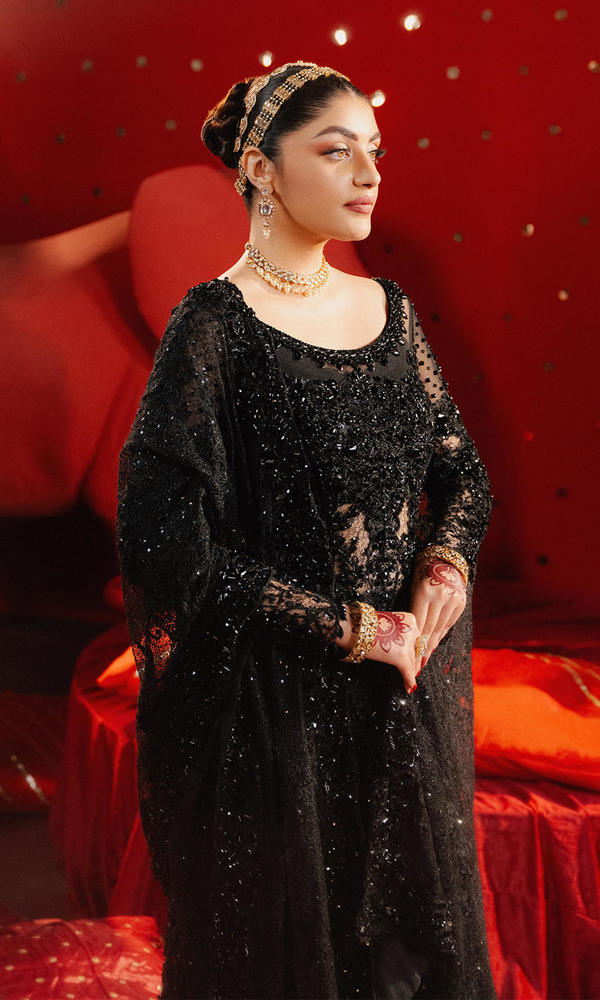 Pakistani Black Crystal Embellished Lace Farshi Gharara (3-Piece) - Image 3