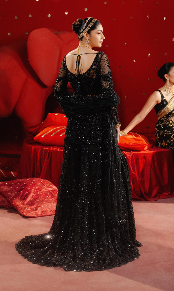 Pakistani Black Crystal Embellished Lace Farshi Gharara (3-Piece) - Image 4