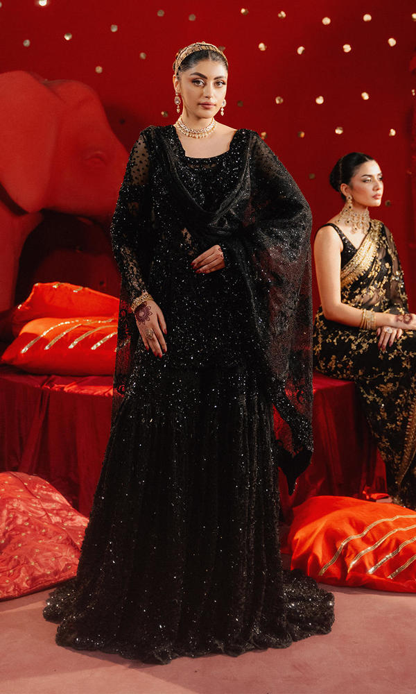 Pakistani Black Crystal Embellished Lace Farshi Gharara (3-Piece) - Image 5