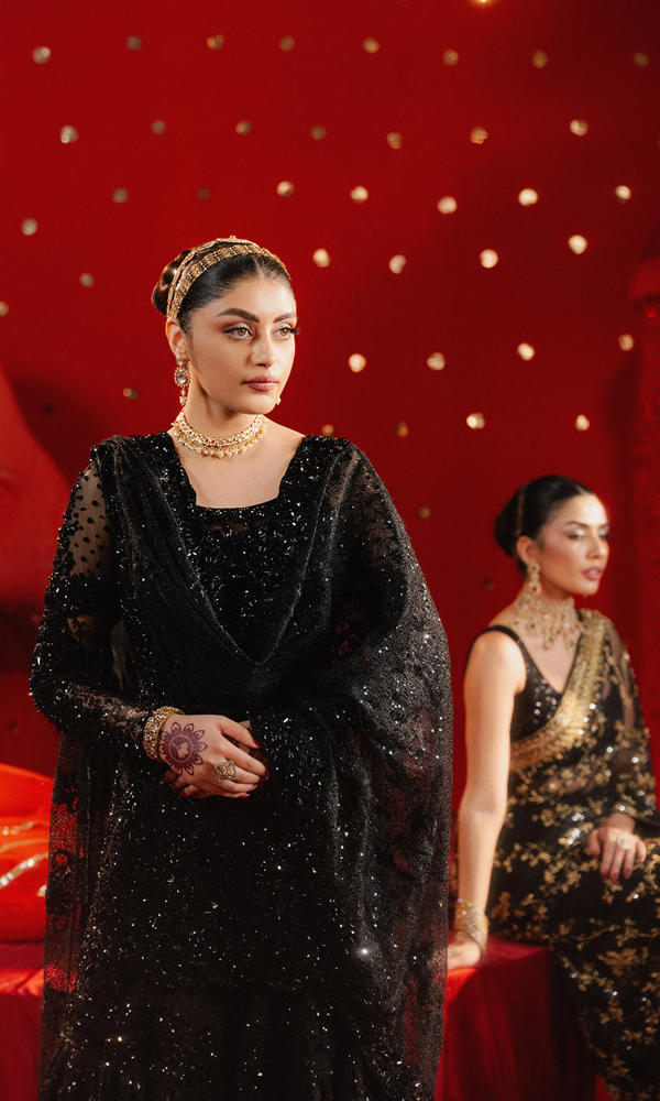 Pakistani Black Crystal Embellished Lace Farshi Gharara (3-Piece) - Image 6