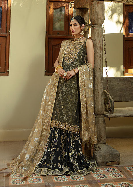 Pakistani Black & Gold Embroidered Shabnum Mesori Gharara (3-Piece) - Image 7