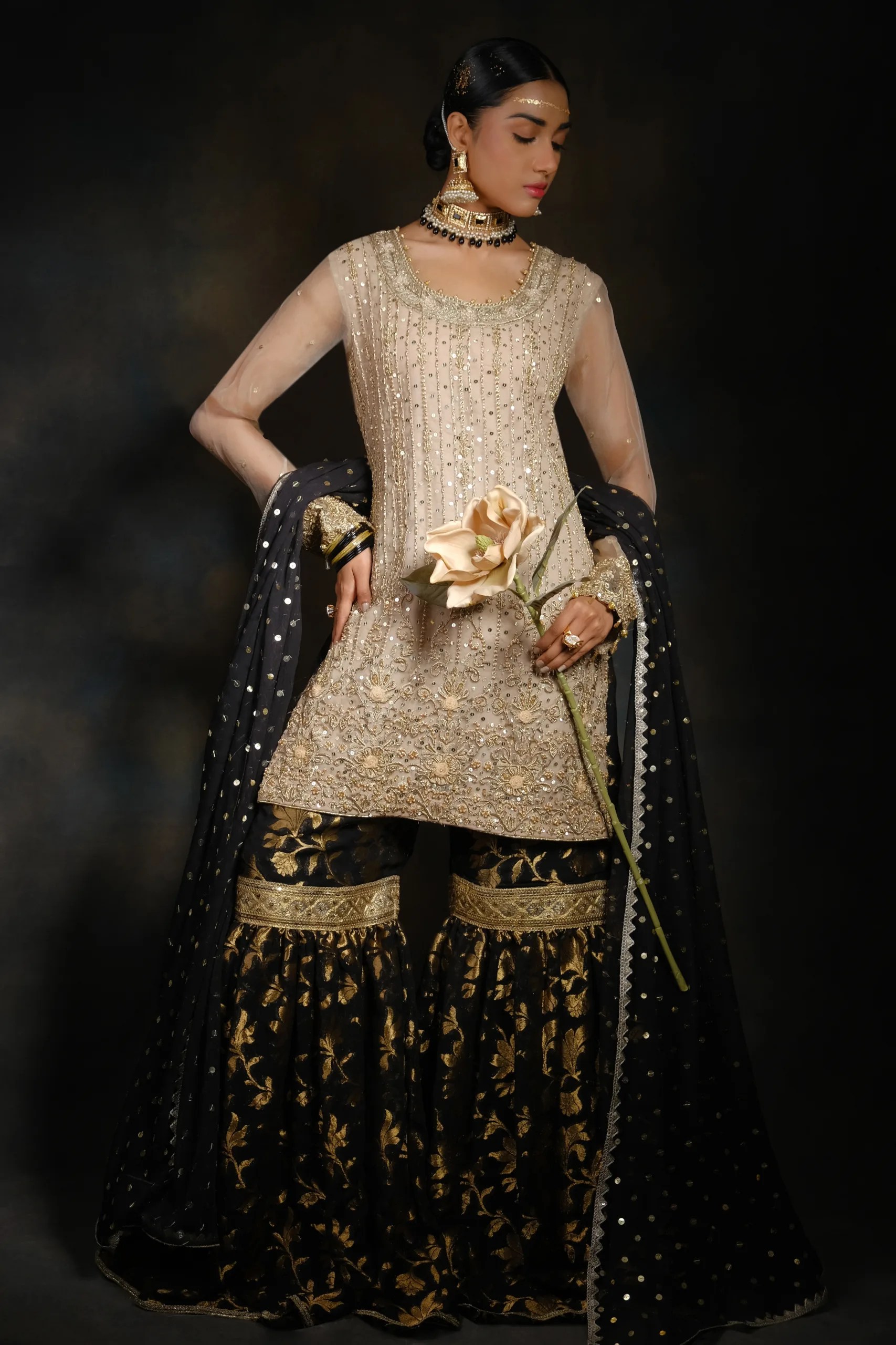 Black and Gold Embroidered Net Gharara (3-Piece) - Image 1