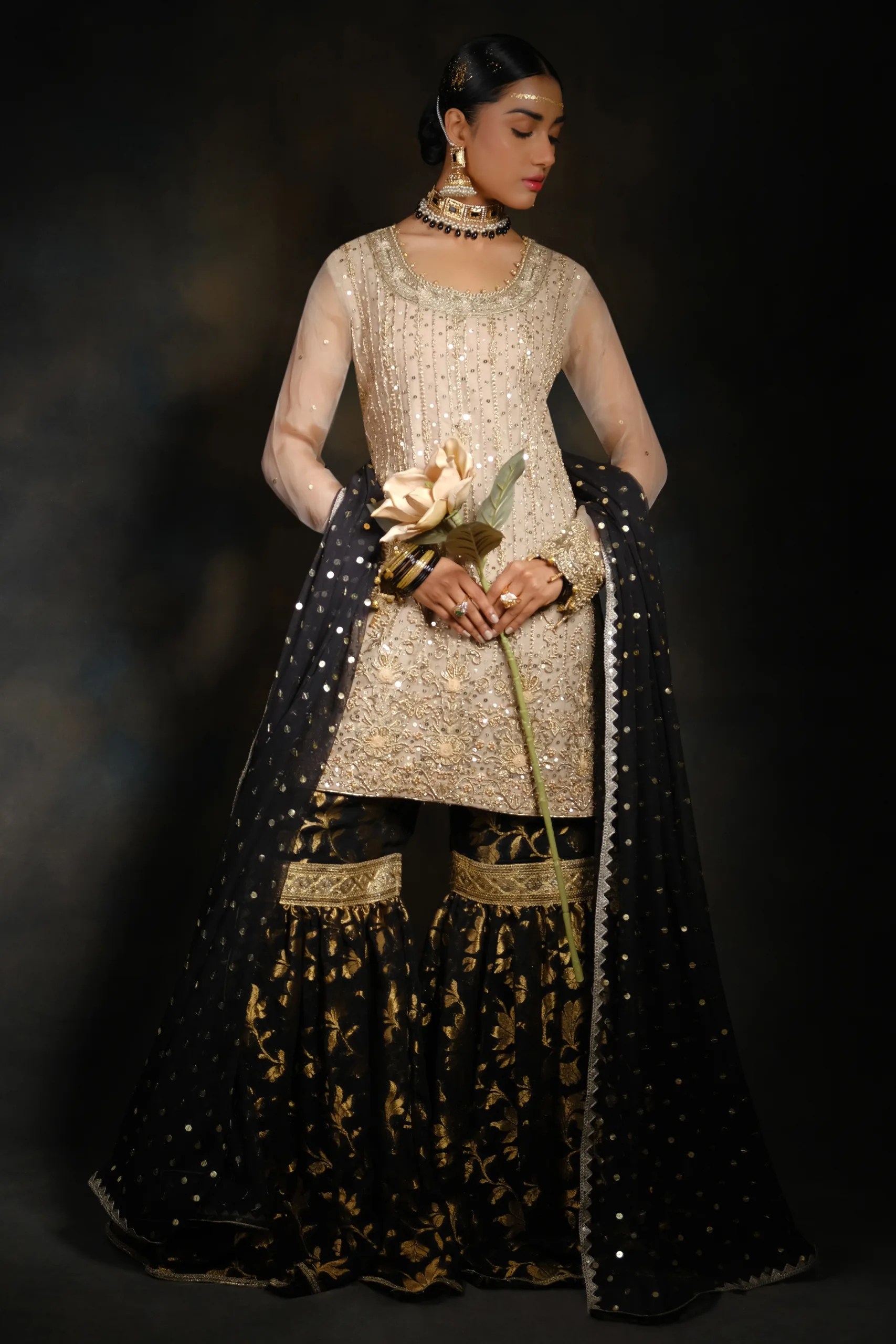 Black and Gold Embroidered Net Gharara (3-Piece) - Image 2