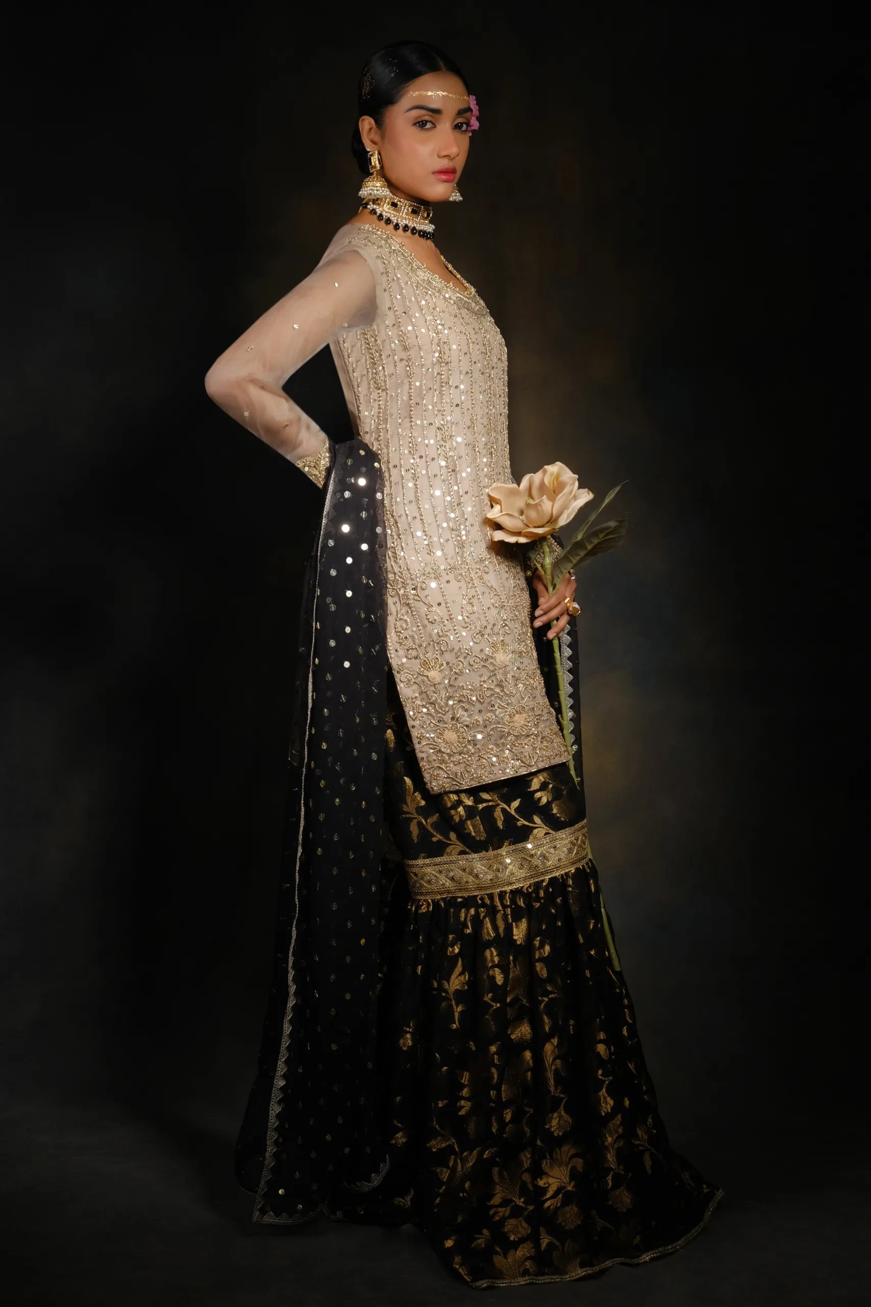 Black and Gold Embroidered Net Gharara (3-Piece) - Image 3