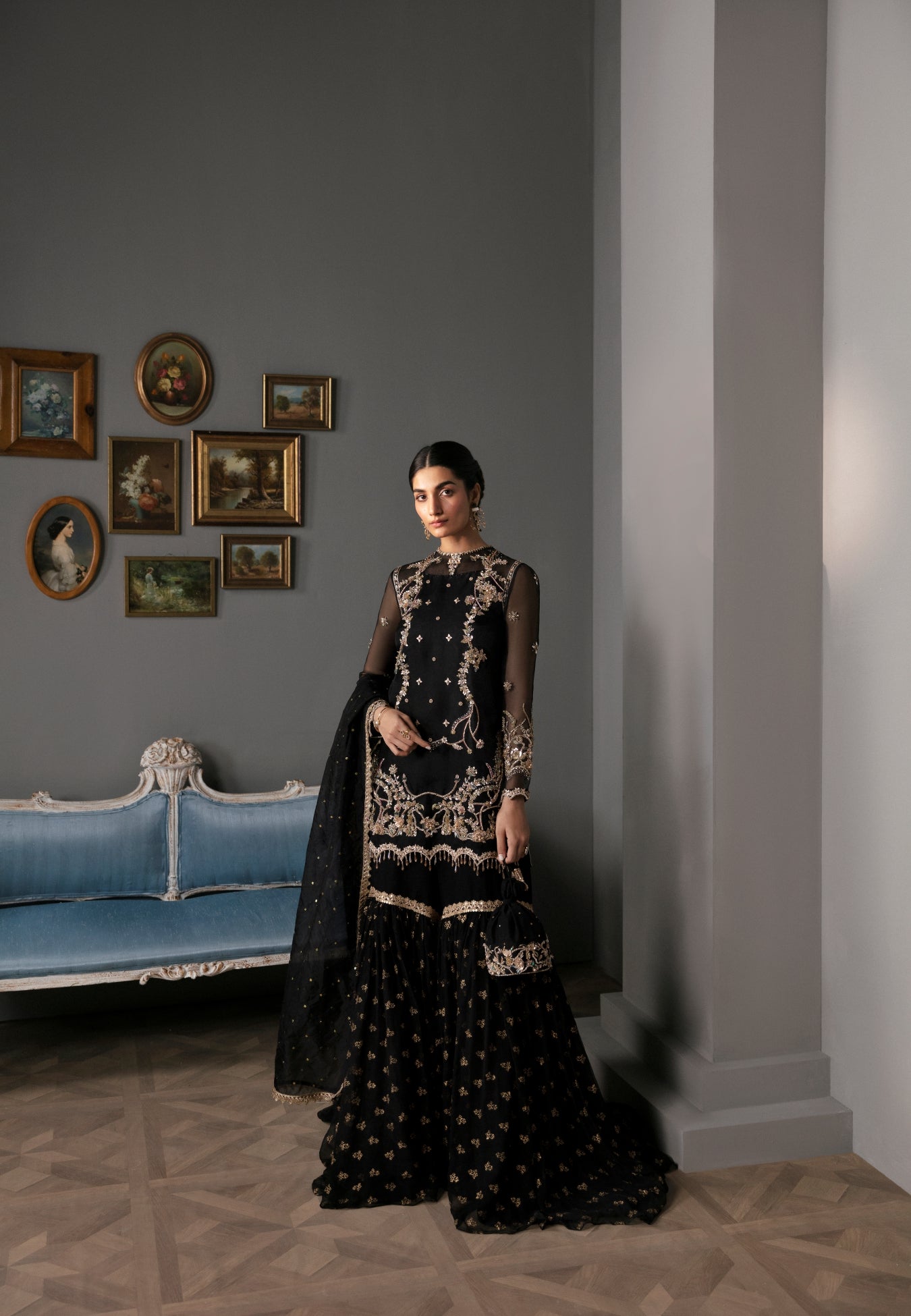 Pakistani Black Resham Tilla Organza Gharara Set (3-Piece) - Image 1