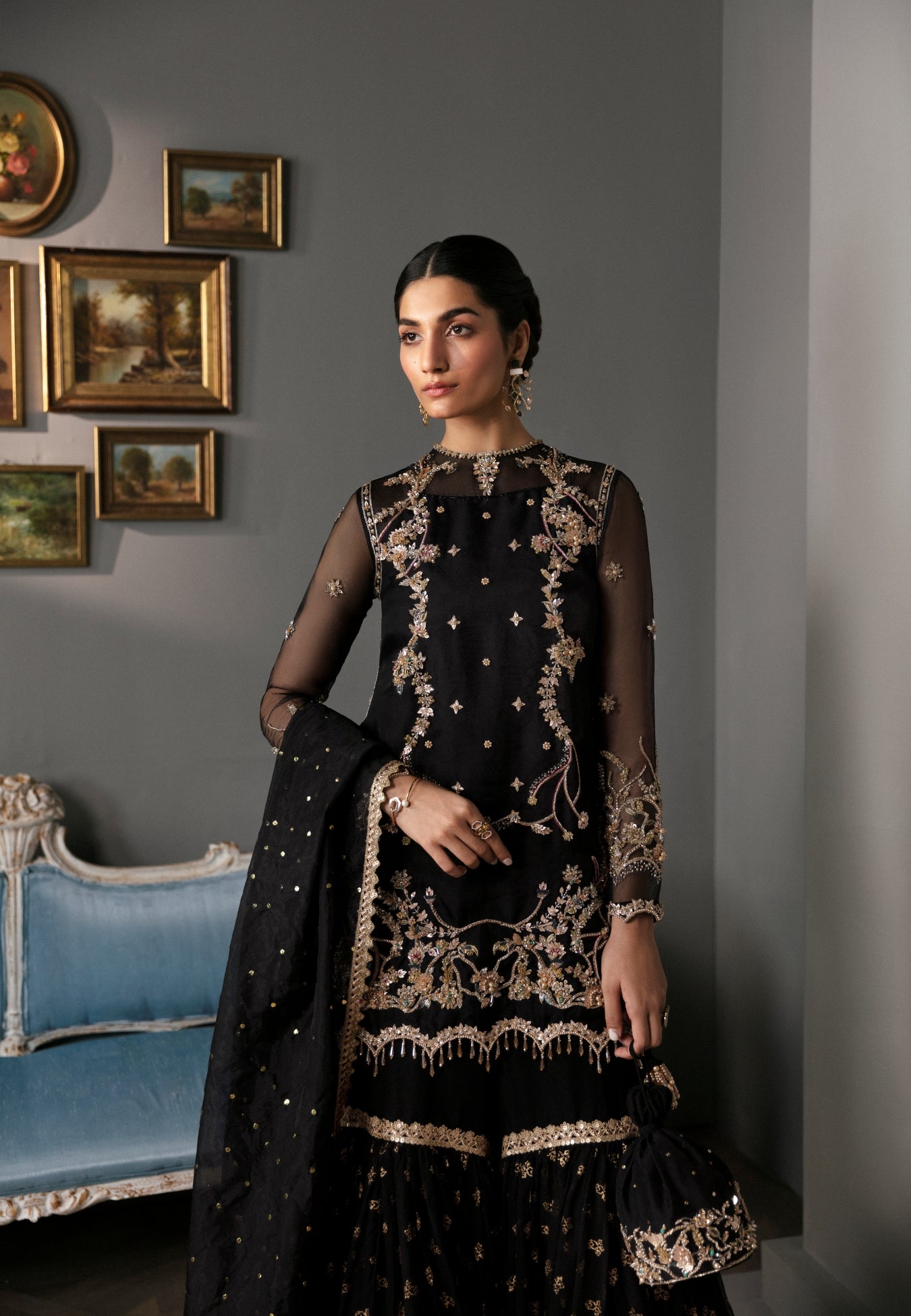 Pakistani Black Resham Tilla Organza Gharara Set (3-Piece) - Image 2