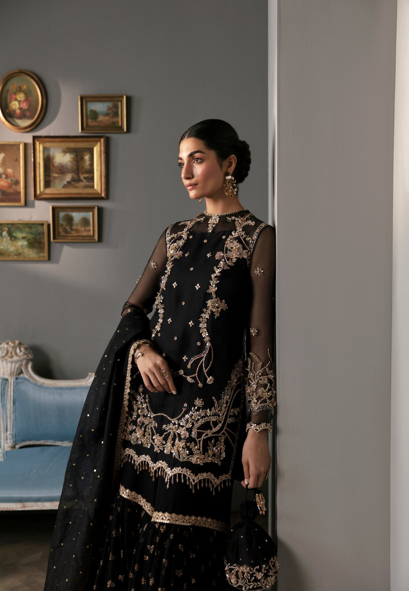 Pakistani Black Resham Tilla Organza Gharara Set (3-Piece) - Image 3