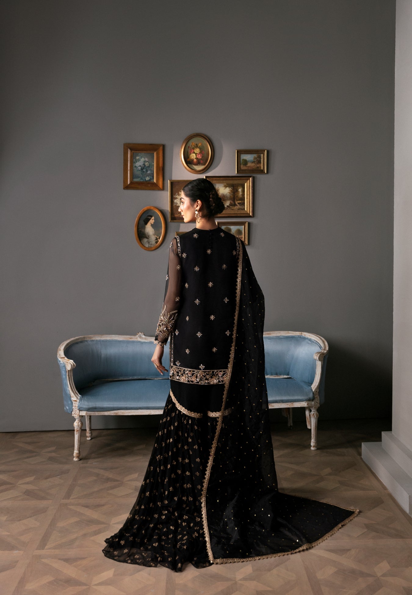 Pakistani Black Resham Tilla Organza Gharara Set (3-Piece) - Image 4