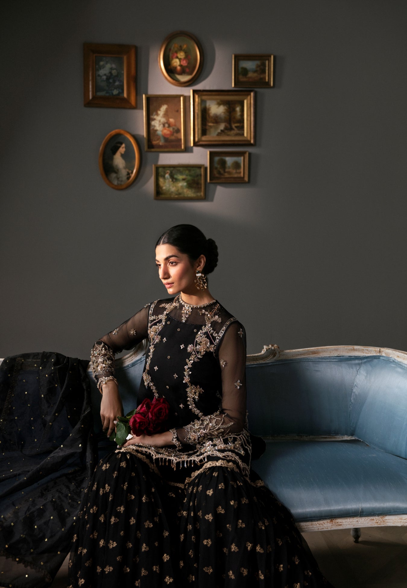 Pakistani Black Resham Tilla Organza Gharara Set (3-Piece) - Image 5