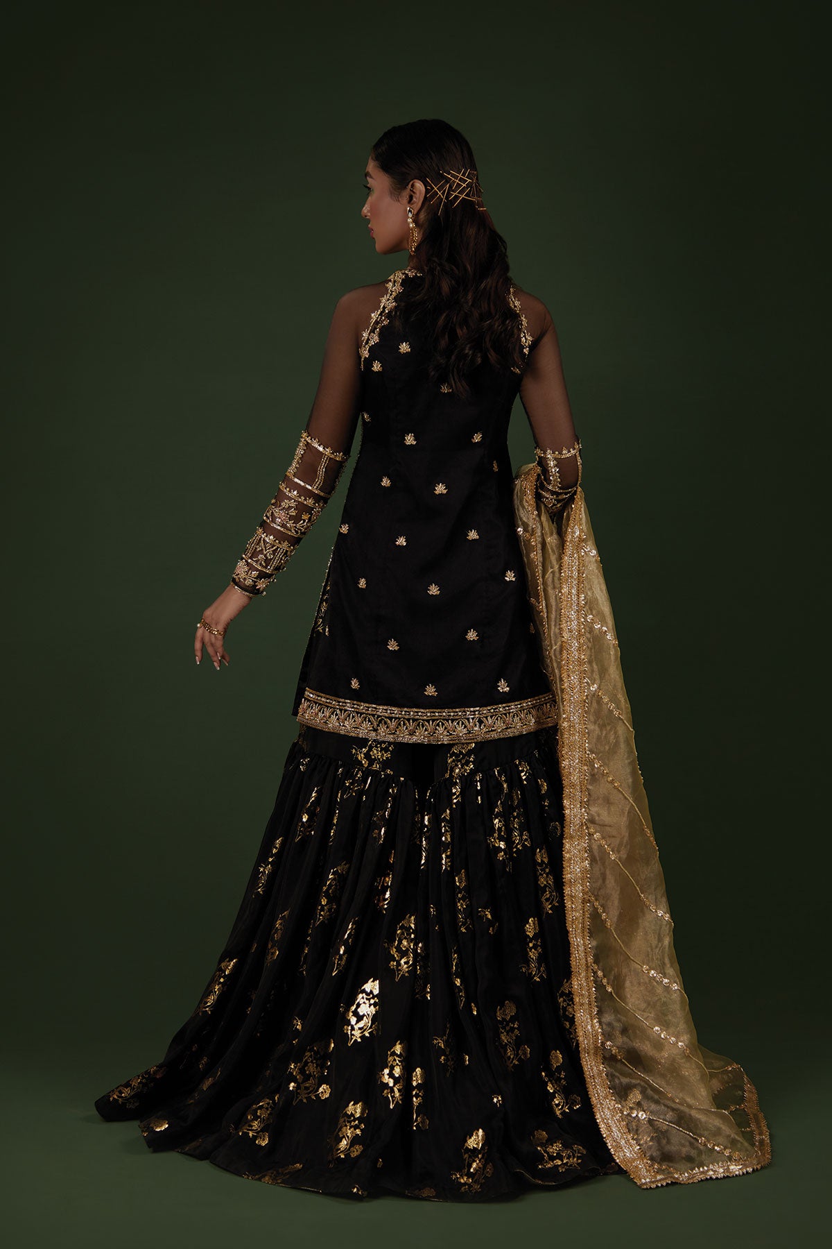 Pakistani Black Zardozi Organza Gharara Set (3-Piece) - Image 2