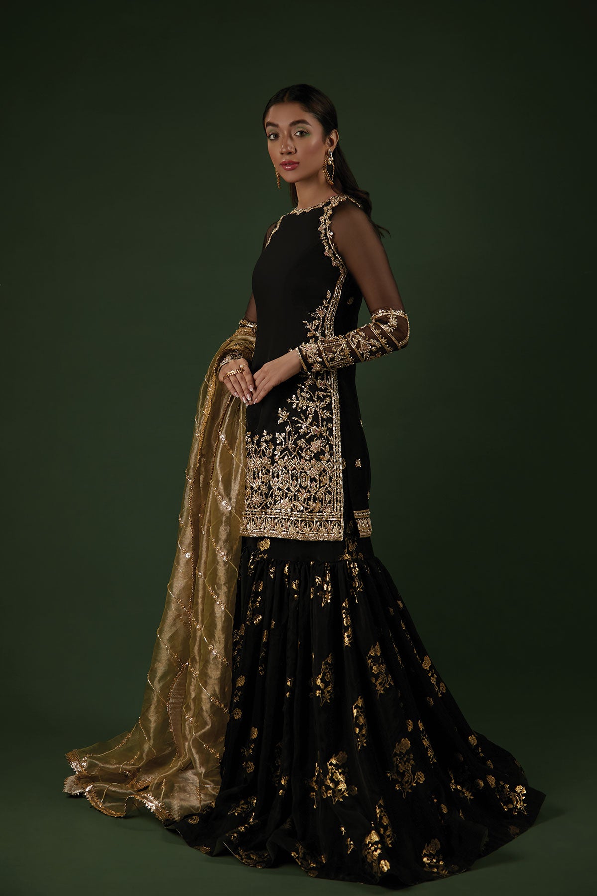 Pakistani Black Zardozi Organza Gharara Set (3-Piece) - Image 3