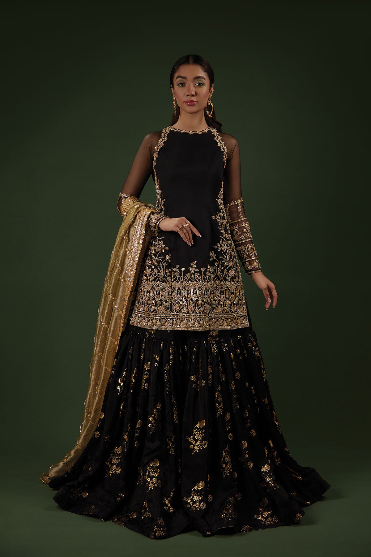 Pakistani Black Zardozi Organza Gharara Set (3-Piece) - Image 1