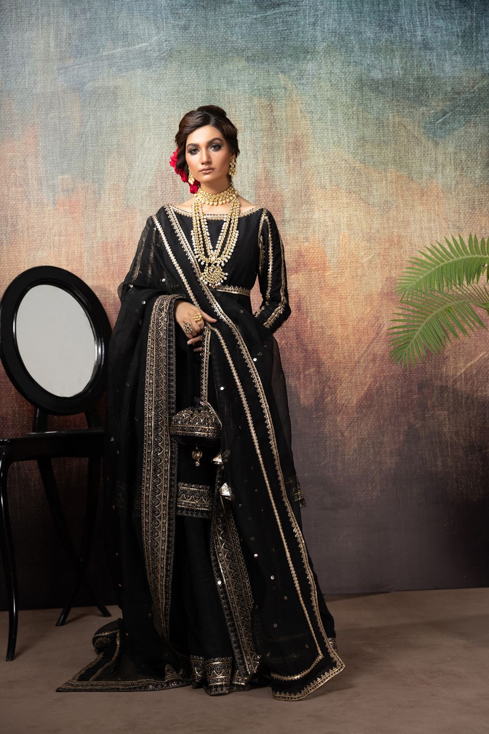 Pakistani Black Dabka Sequin Raw Silk Gharara (3-Piece) - Image 1