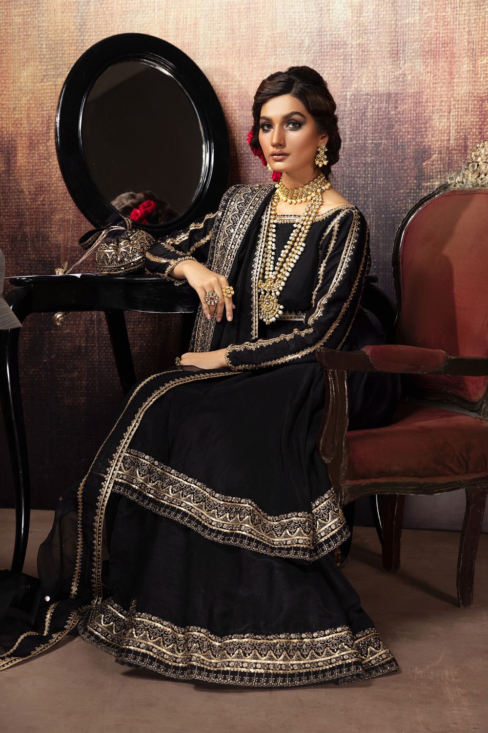 Pakistani Black Dabka Sequin Raw Silk Gharara (3-Piece) - Image 2
