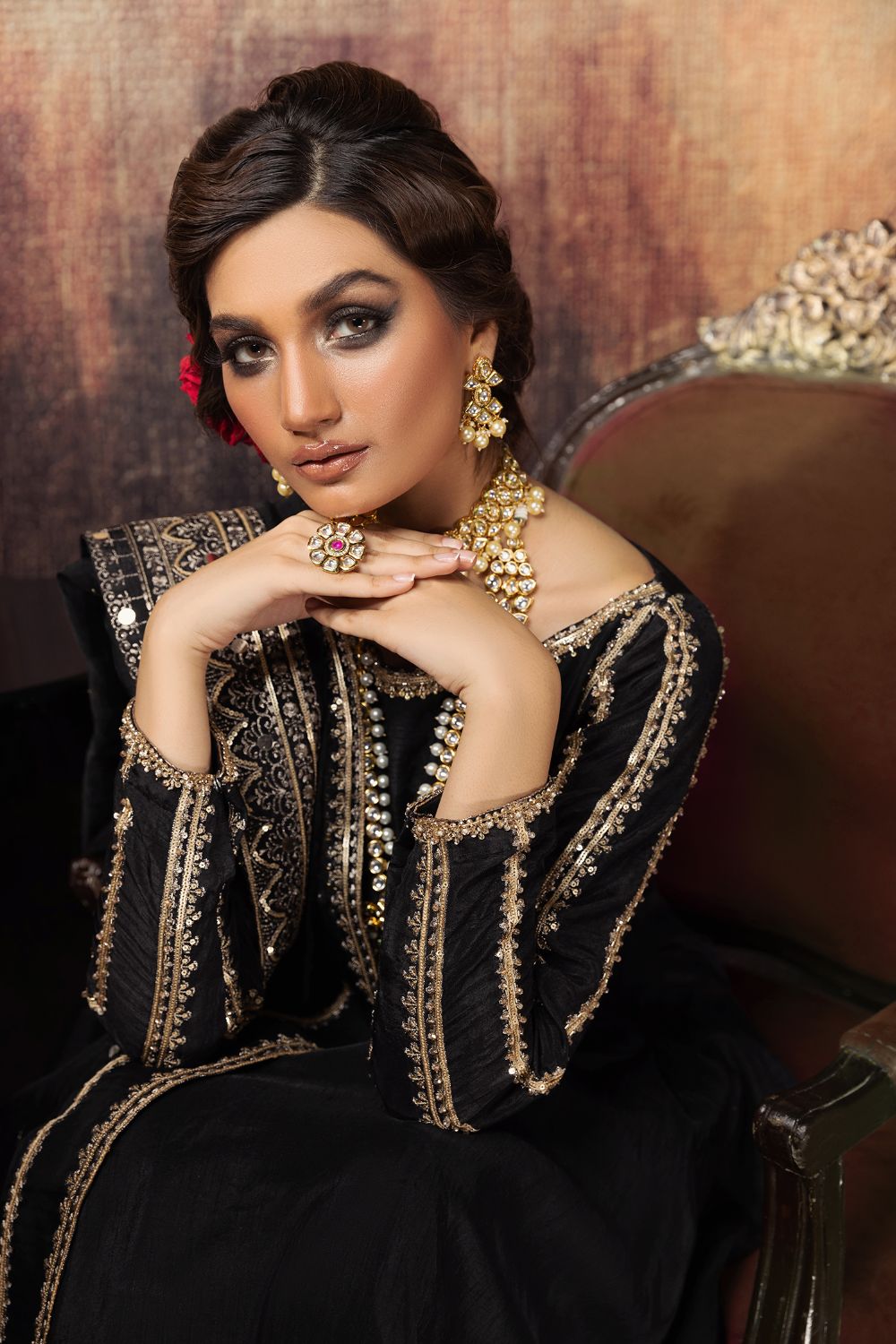 Pakistani Black Dabka Sequin Raw Silk Gharara (3-Piece) - Image 3