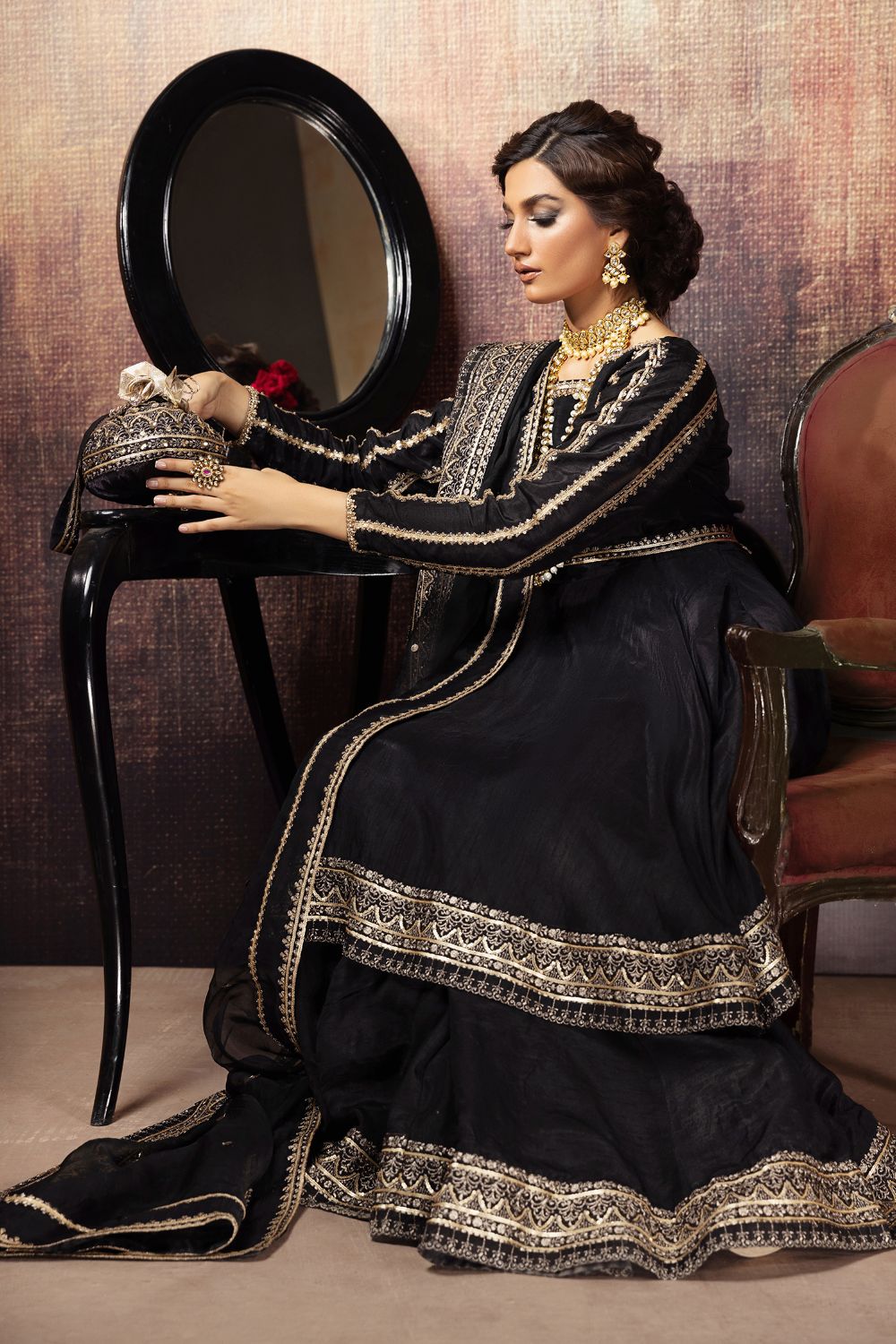 Pakistani Black Dabka Sequin Raw Silk Gharara (3-Piece) - Image 4