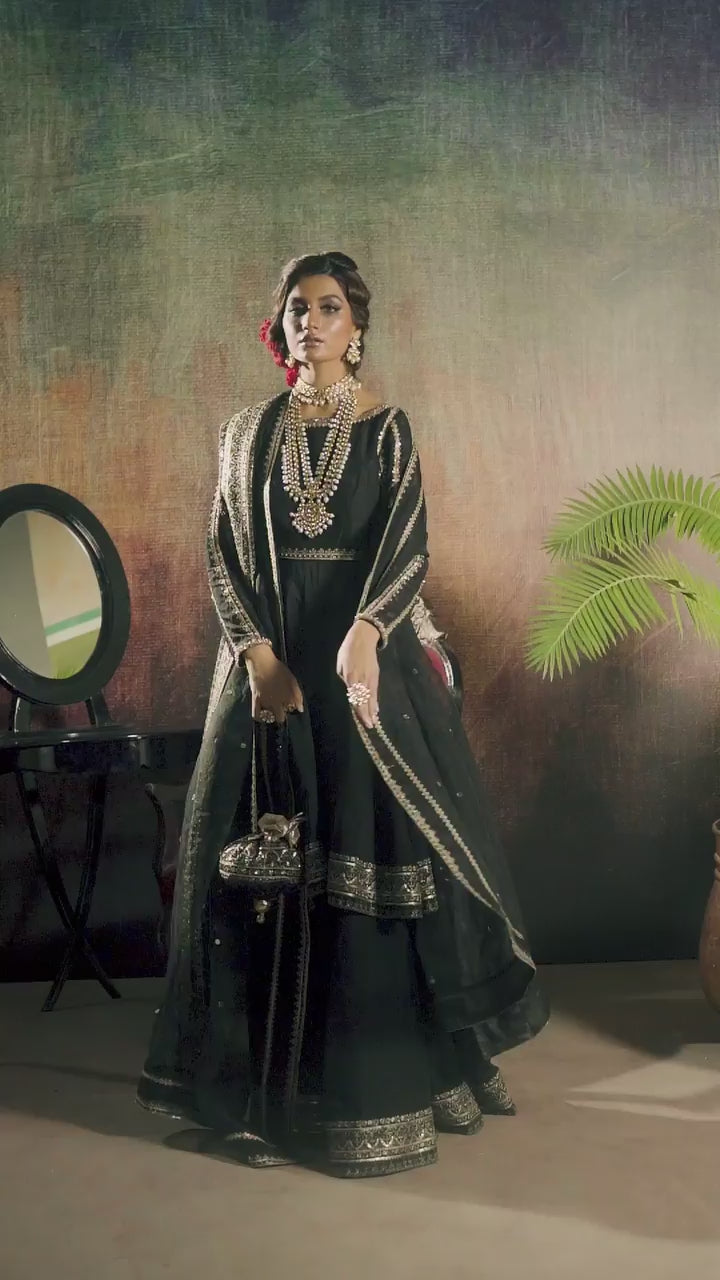 Pakistani Black Dabka Sequin Raw Silk Gharara (3-Piece) - Image 5