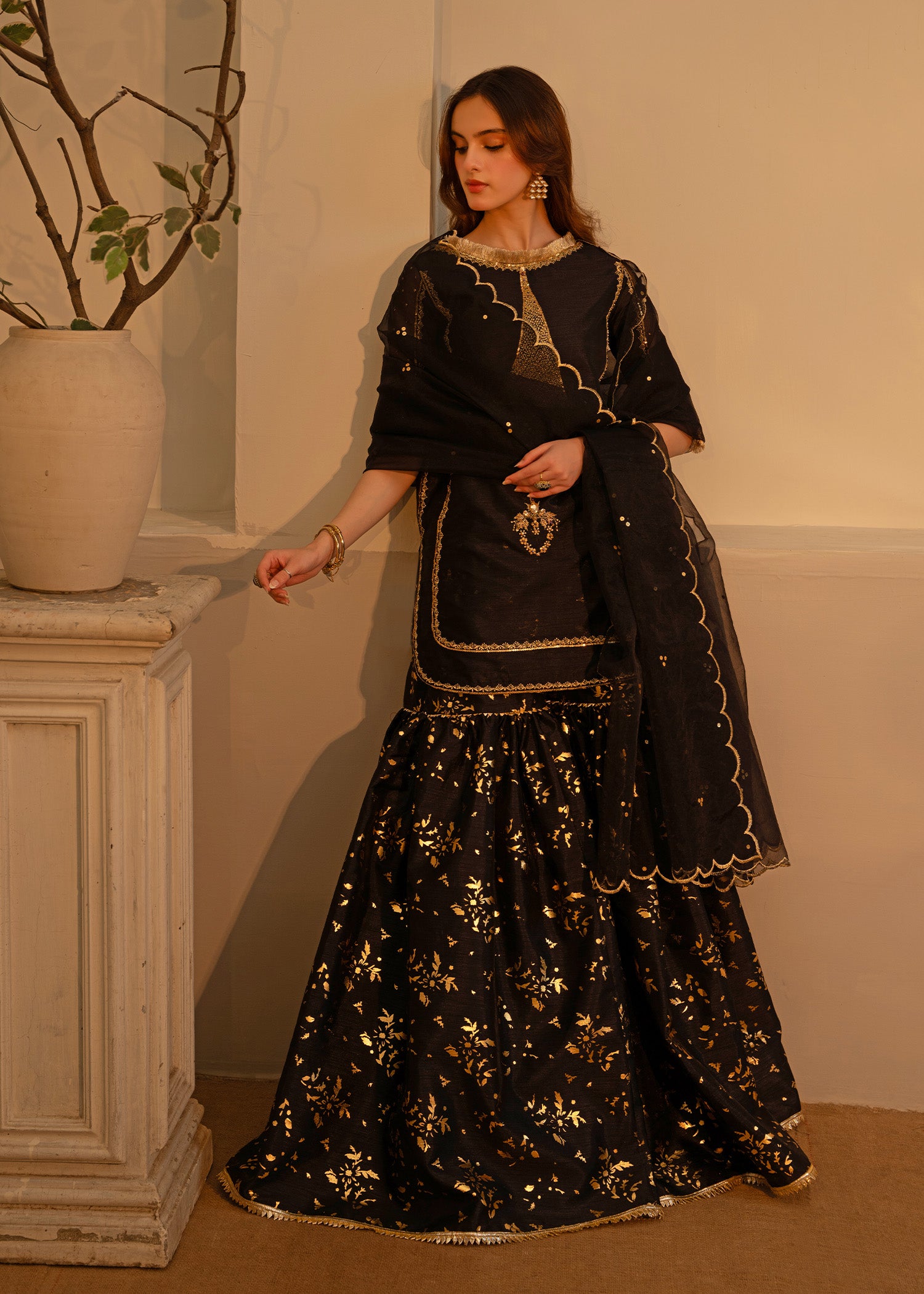 Pakistani Black Embroidered Indian Raw Silk Gharara (3-Piece) - Image 1