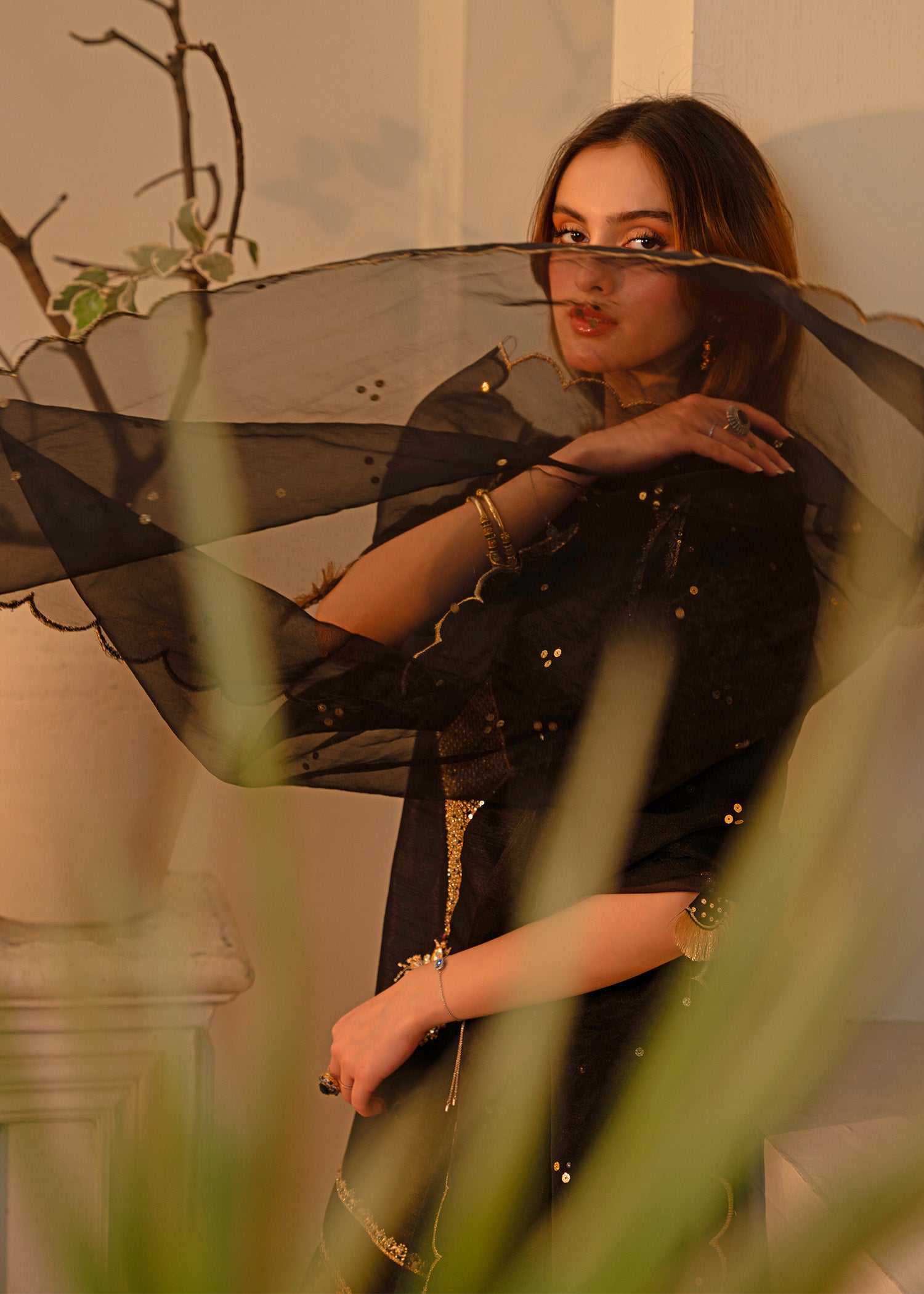 Pakistani Black Embroidered Indian Raw Silk Gharara (3-Piece) - Image 10