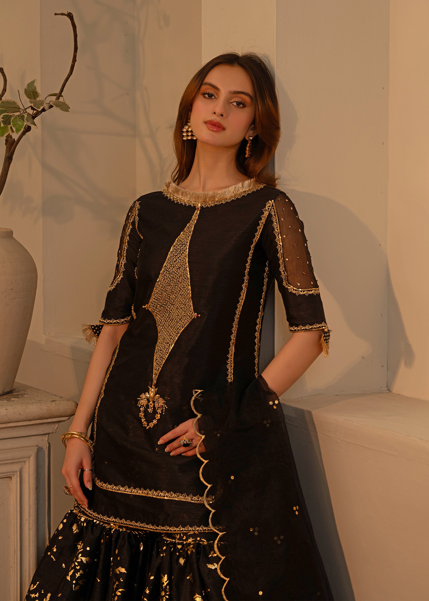 Pakistani Black Embroidered Indian Raw Silk Gharara (3-Piece) - Image 2