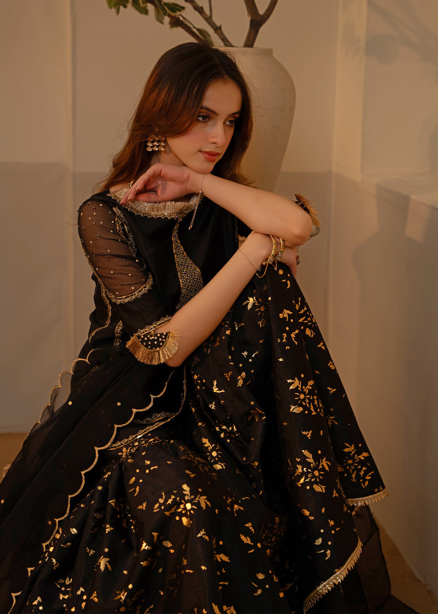 Pakistani Black Embroidered Indian Raw Silk Gharara (3-Piece) - Image 3