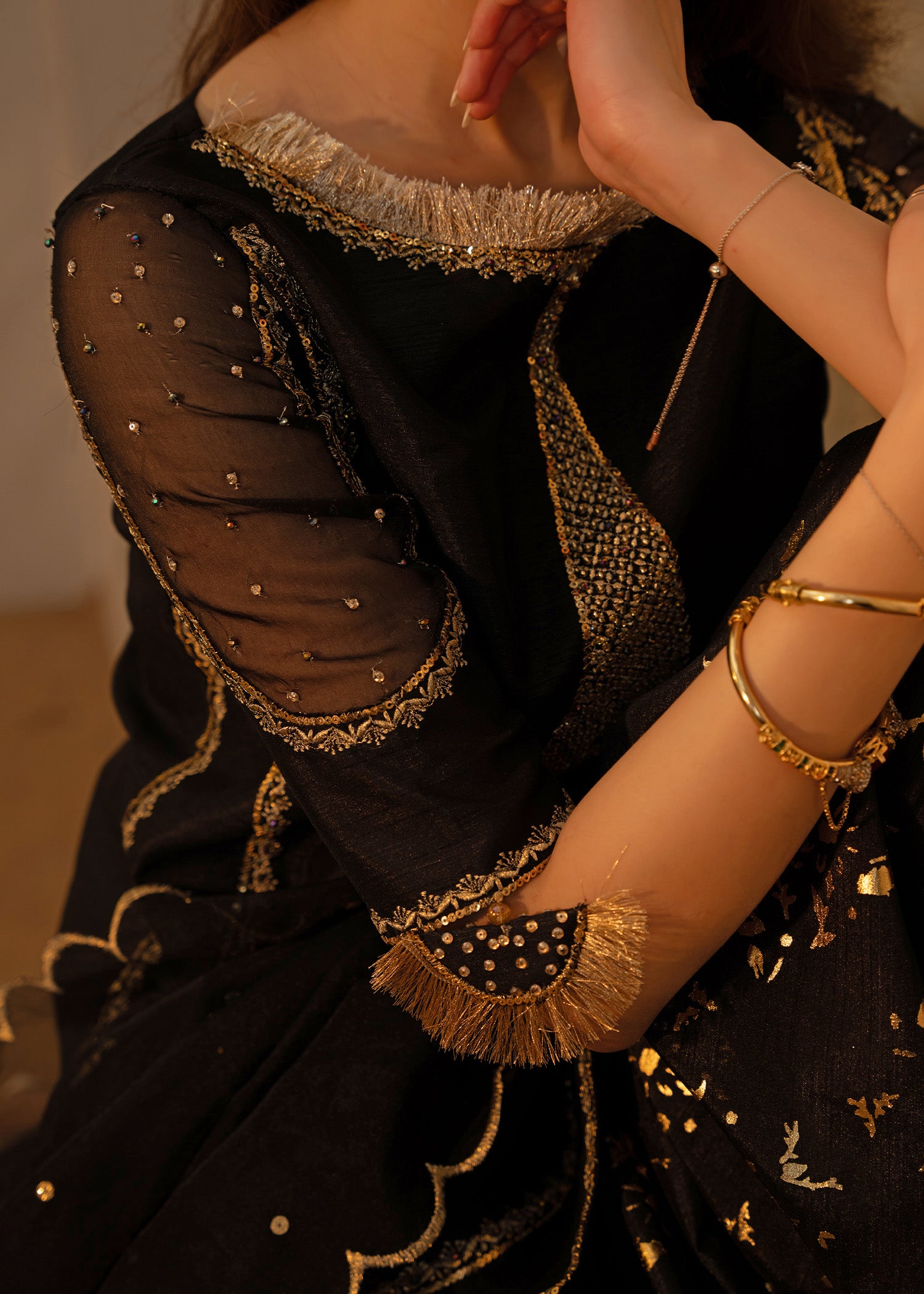 Pakistani Black Embroidered Indian Raw Silk Gharara (3-Piece) - Image 4