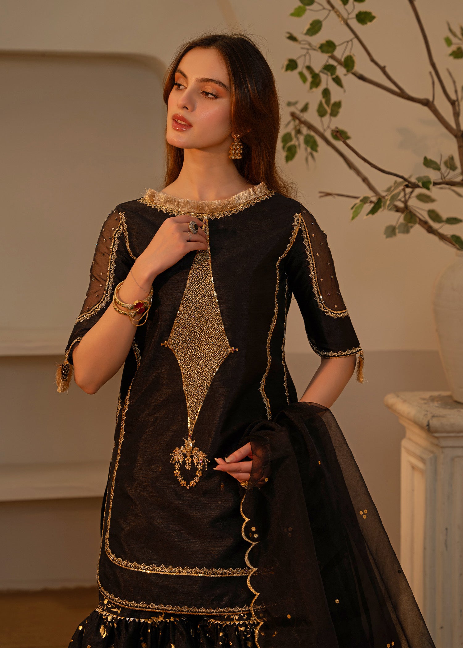 Pakistani Black Embroidered Indian Raw Silk Gharara (3-Piece) - Image 5
