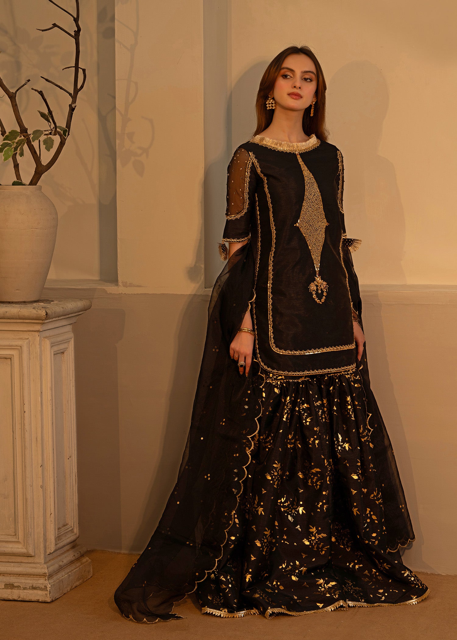 Pakistani Black Embroidered Indian Raw Silk Gharara (3-Piece) - Image 8