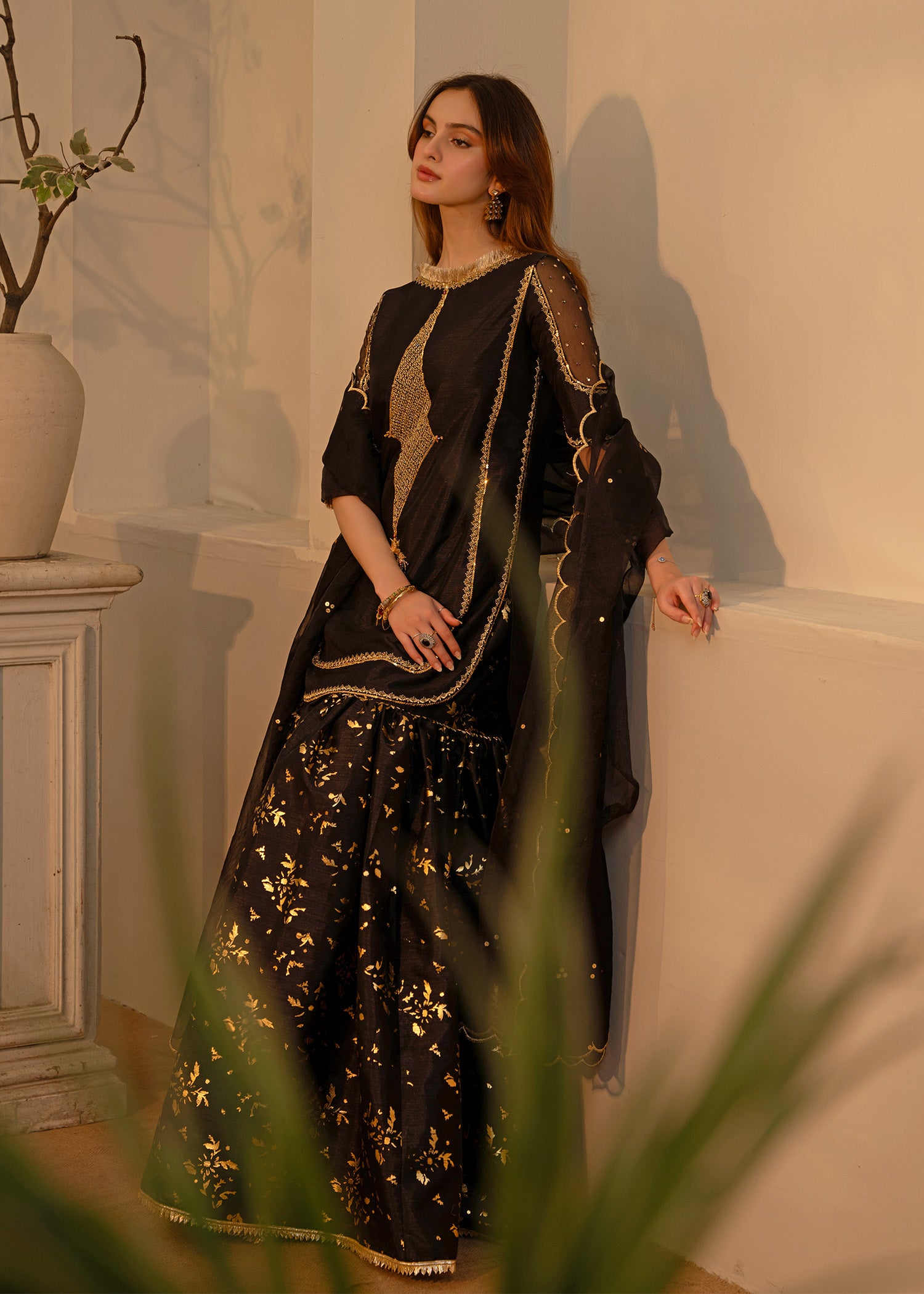 Pakistani Black Embroidered Indian Raw Silk Gharara (3-Piece) - Image 9